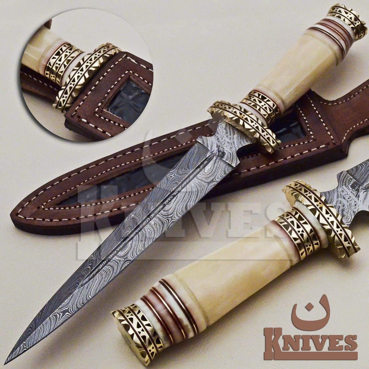 Hand Made Damascus Steel Collectible Knife Handle Camel Bone with Brass Inserts (White)