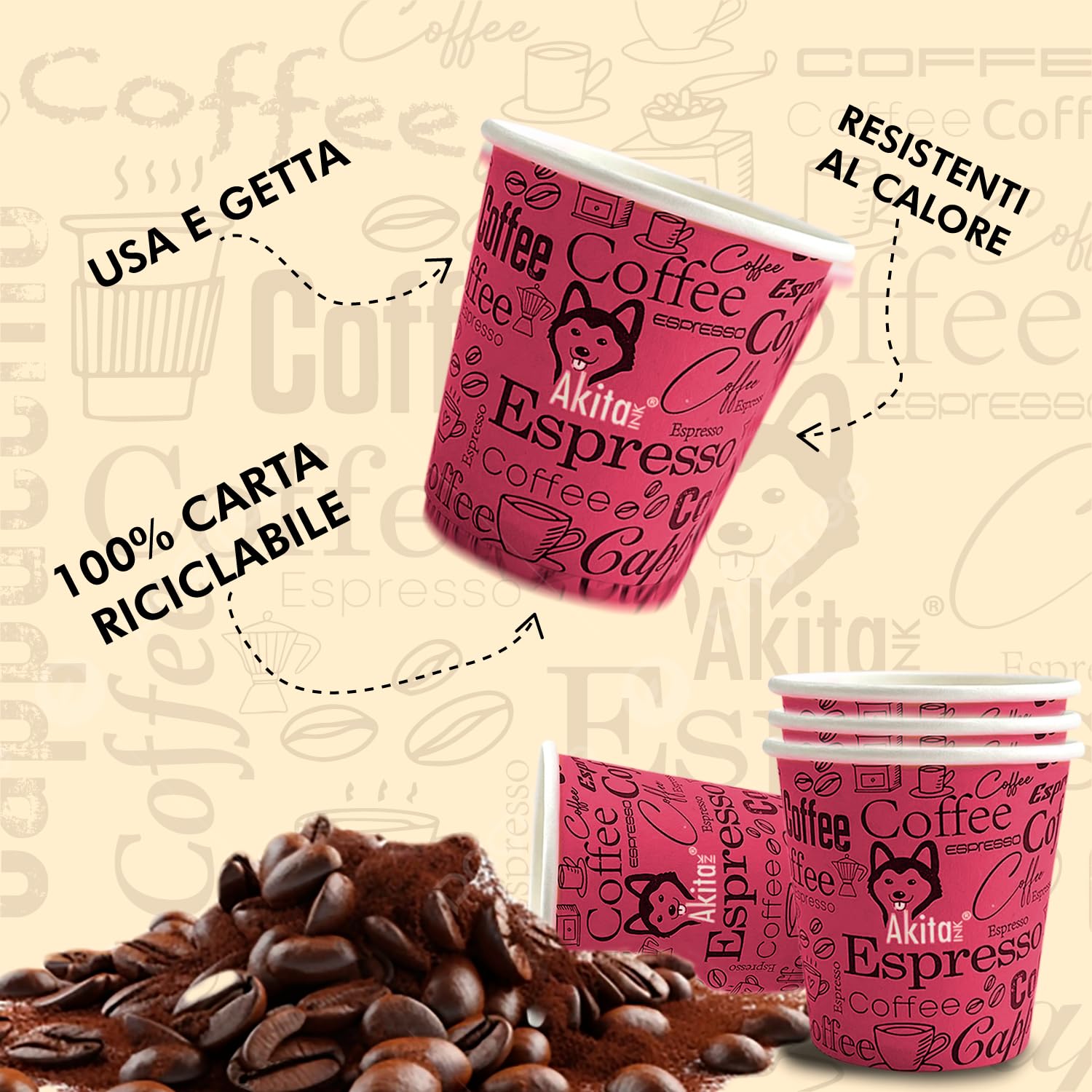 AKITAInk 1000 Bicchierini caffè, Bicchieri Caffe di Carta Monouso Biodegradabili, Biocompostabili Tazzine da 75 ml Bicchierini da Caffè Usa e Getta Ecosostenibili