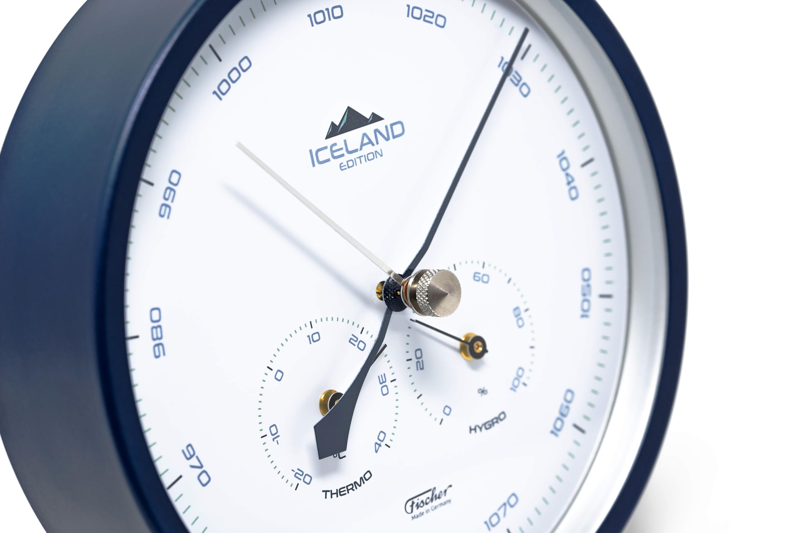 Fischer 1602-15, Wetterstation, Glas, Edelstahl | Barometer mit Thermometer und Hygrometer, Island-Edition Stahlblau, Messbereich 20-100 % r. F., Genauigkeit ± 5 % r. F.