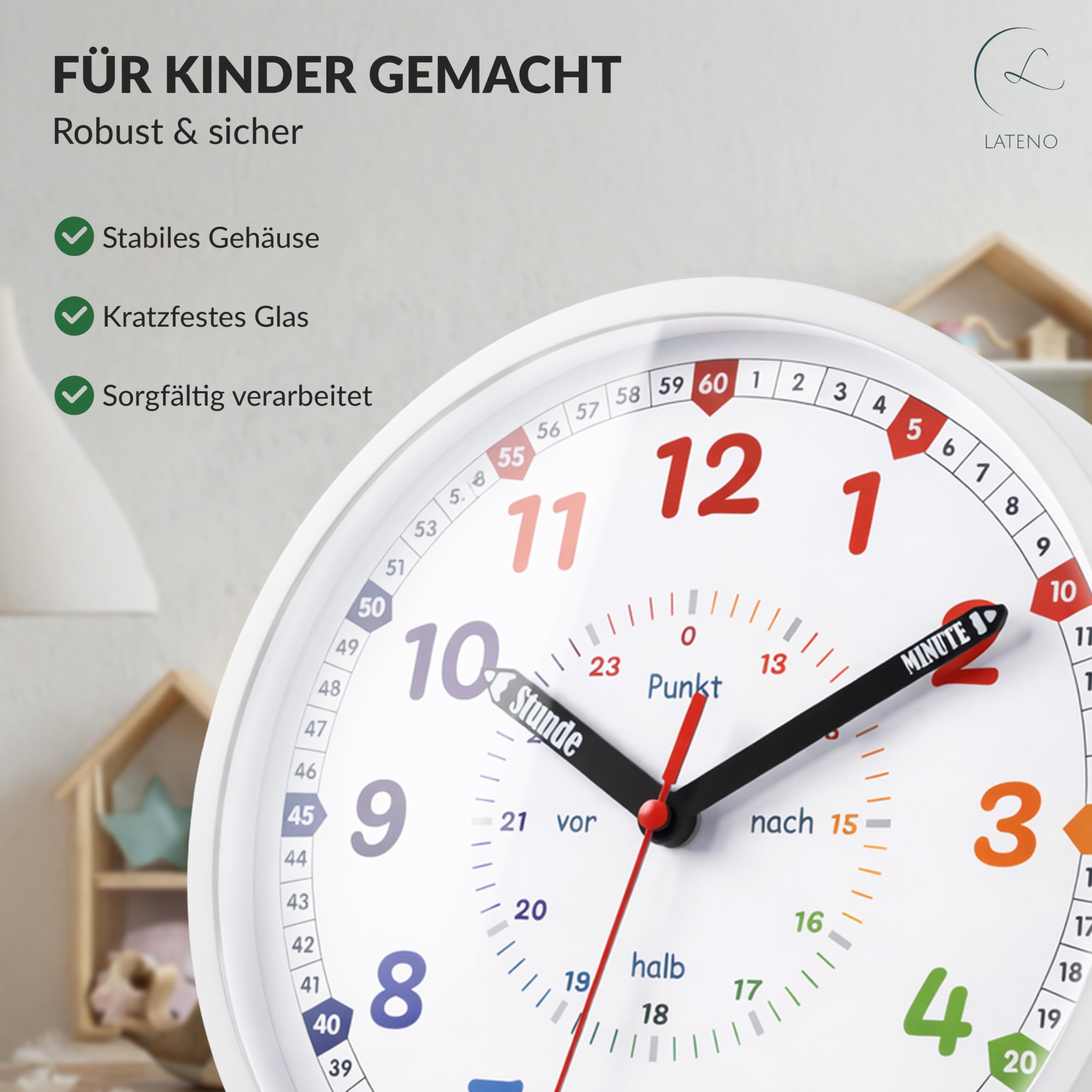 Reloj de pared para niños blanco - Reloj de pared colorido para habitación infantil silencioso - Reloj de aprendizaje para niños sin ruido de tictac - Reloj analógico de pared infantil para