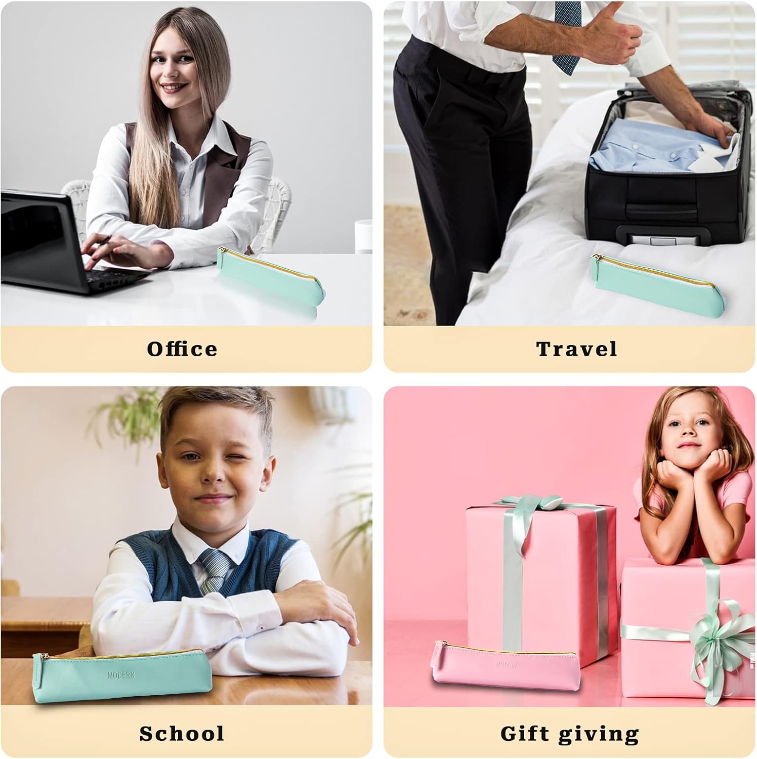 Vin Beauty 2 Pcs Leather Pencil Pouch, Slim Design Small Pencil Pouch Pencil Bag Zipper Pencil Case Bag Stationery Pouch Bag for Pens, Pencils, Markers : Arts, Crafts & Sewing