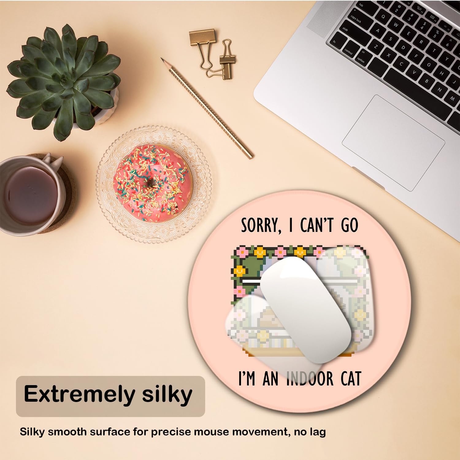 Funny Indoor Cat Round Mouse Pad,Cute Pixel Art Kitty Desk Mat for Office,Sorry I Can’t Go Computer Accessories,Homebody Cat Desktop Decor,Unique Gifts for Cat Lovers Women Men,8.7x8.7 Inches image 2