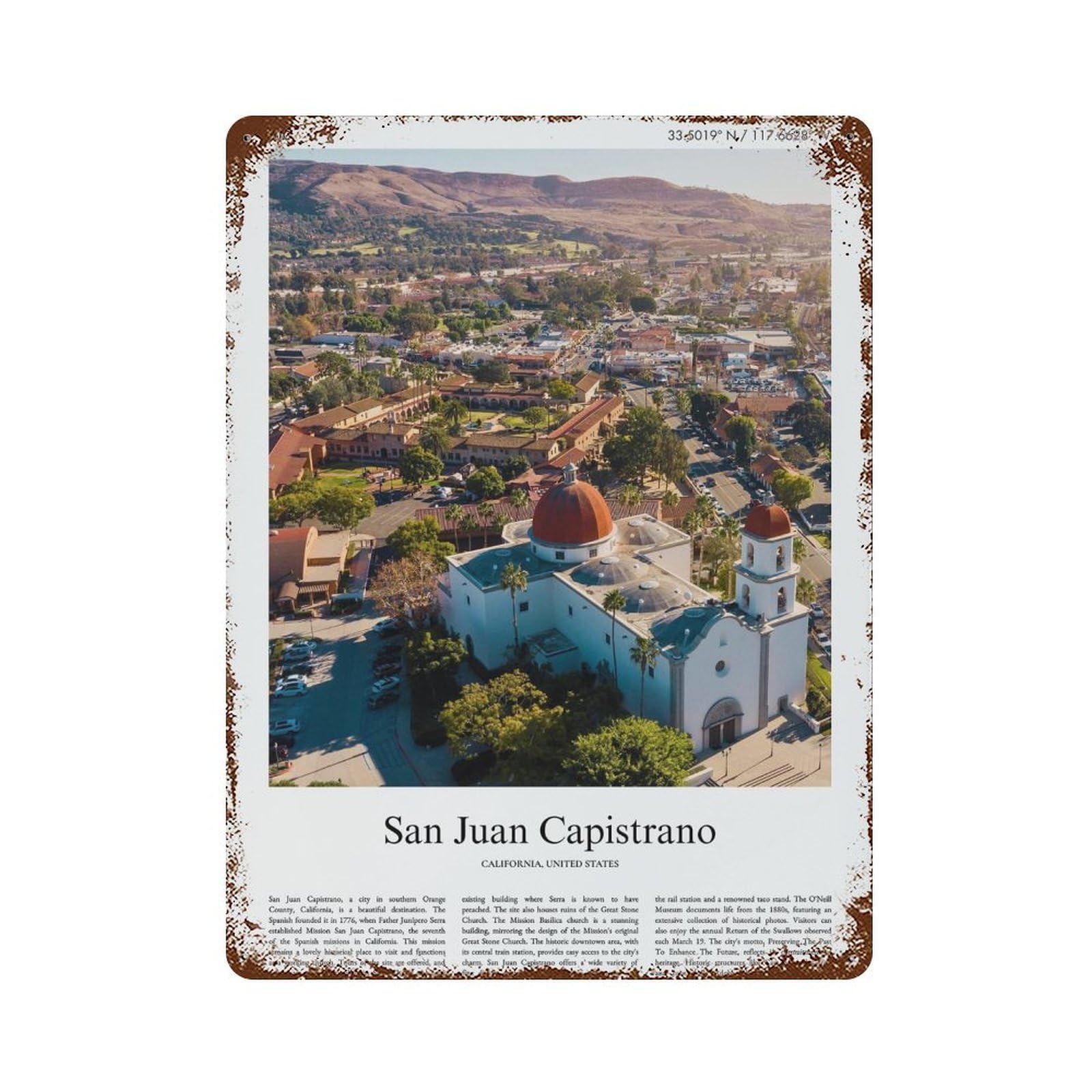 xiaoxiaoshen San Juan Capistrano California, United States, USA City Scenery Wall Decor Art Metal Tin Poster Modern Home Decor Art Home Bar Shop Decorations Vintage Sign 40x30cm