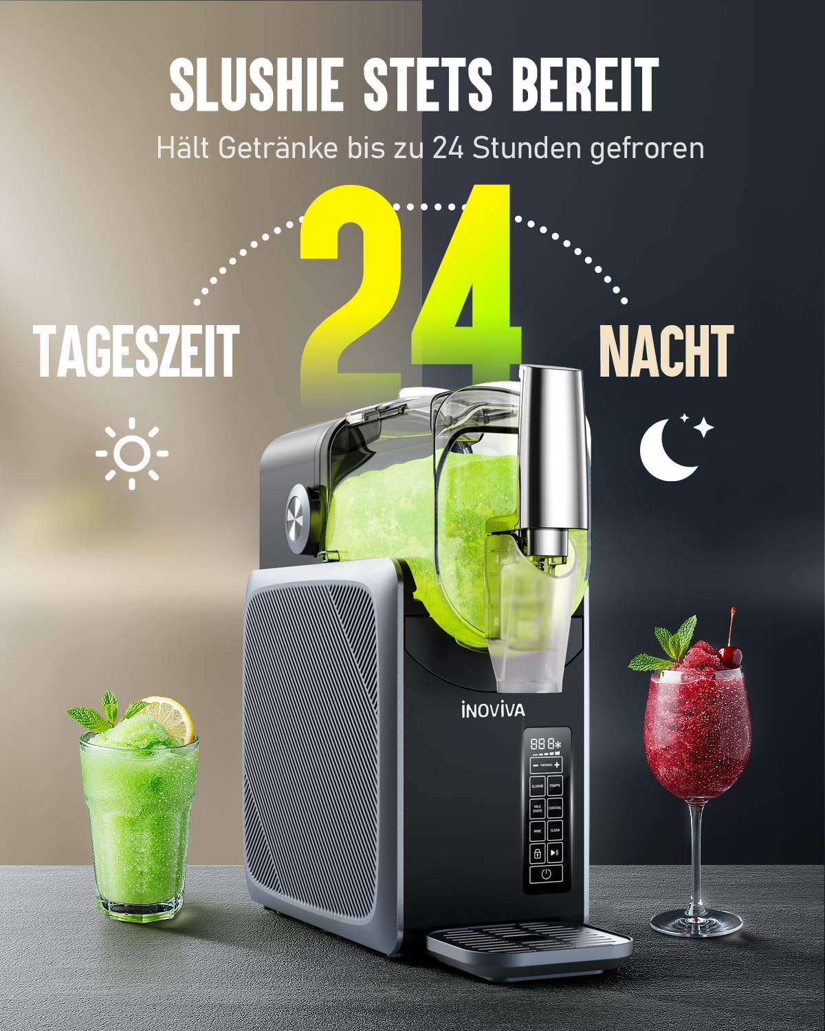 INOVIVA Slush Maschine, Kein Eis erforderlich, 2L Slushie Maschine für Zuhause mit Selbstreinigung, 5 voreingestellte Programme, gefrorene Slushie, Margaritas, Frappés, Milchshake (S1.2 Version)