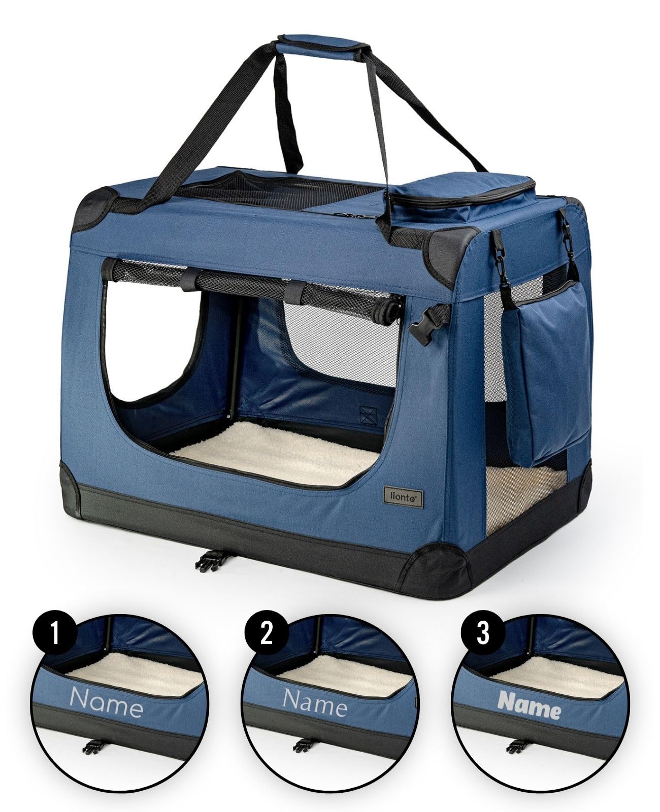 lionto Transportín para Perros Bolsa transportín para Perros Transportín Plegable Autobox Bolsa para Animales pequeños, (L) 70x52x50 cm Azul (con Nombre Impreso)
