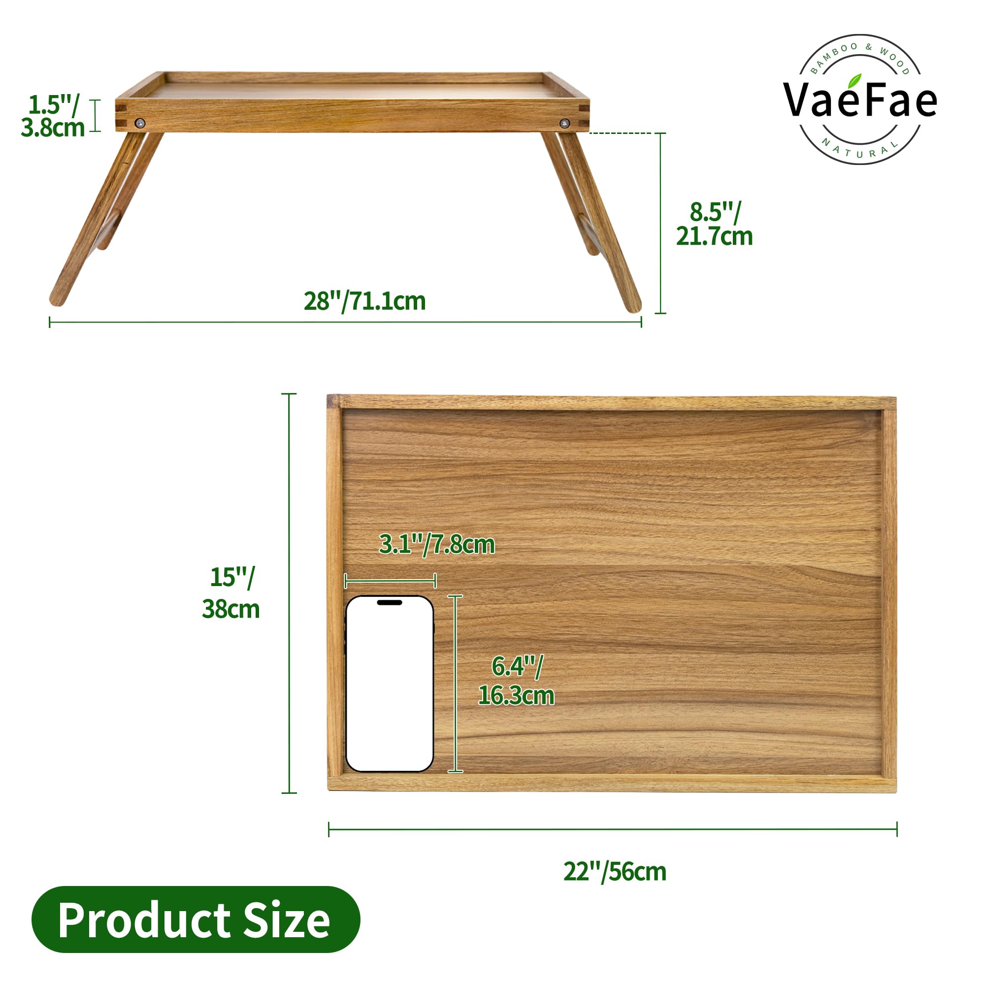 VaeFae Akazie Groß Bett Tabletttisch, Betttablett Klappbar aus Holz, Frühstückstablett als Esstisch und Laptop-Tisch, für Schlafzimmer, Wohnzimmer, Küche