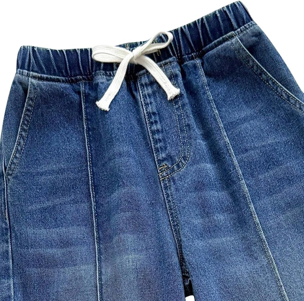 Nivne Tco Tween Boys Wide Leg Jeans Casual Bow Decor Loose Fit Elastic Waistband Baggy Denim Pants with Four Pockets - Image 5