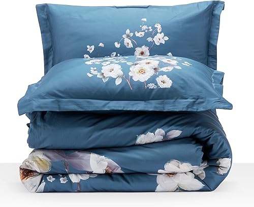 Miniatura 3 de SLEEP ZONE Juego de funda de edredón con estampado floral de 4.23 ozm, cierre de cremallera ultra suave, lazos en las esquinas, azul peonía clásico,