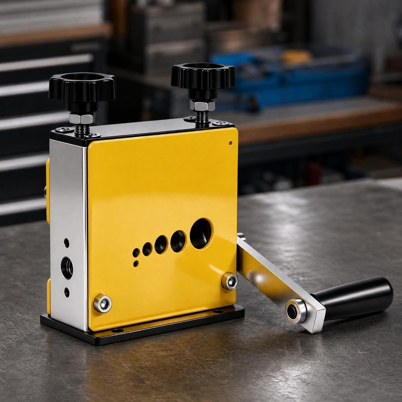 harayaa Máquina Peladora Cables Semiautomática con Base Metálica para Banco Trabajo con Rodillos Alimentación y Lateral para Eliminar, Amarillo