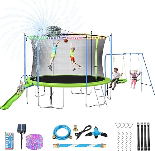 Miniatura 9 de Lyromix Trampolín de 12 pies de 14 pies con tobogán y columpios, cama elástica recreativa grande aprobada por ASTM con aro de baloncesto y escalera,