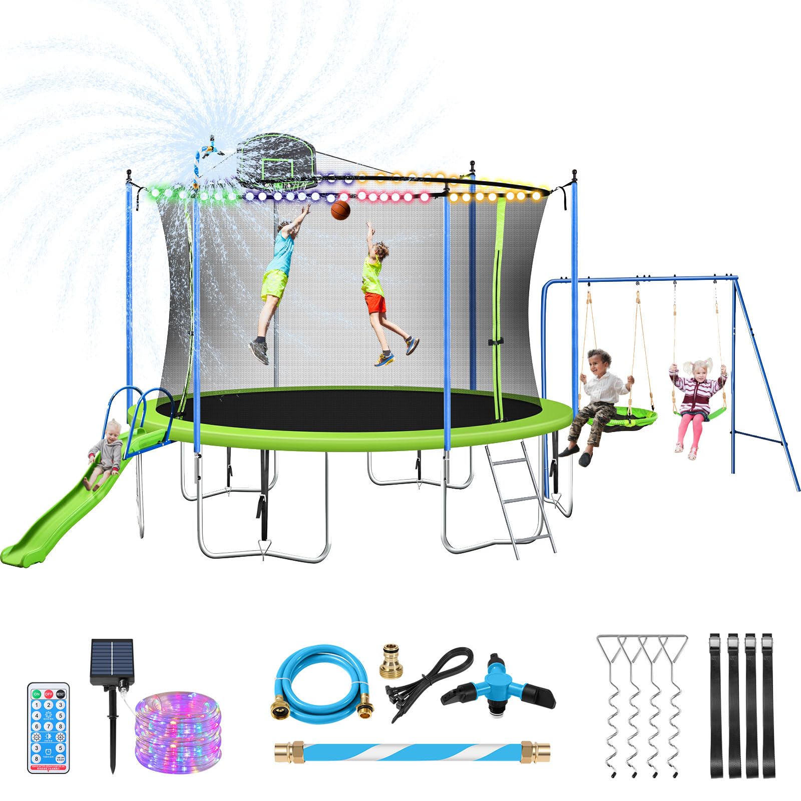 Photo 1 of Lyromix 14FT Trampoline with Slide and Swings, ASTM Approved Outdoor Trampoline Set with Basketball Hoop and Ladder, Net, Capacity for 5-7 Kids and Adults