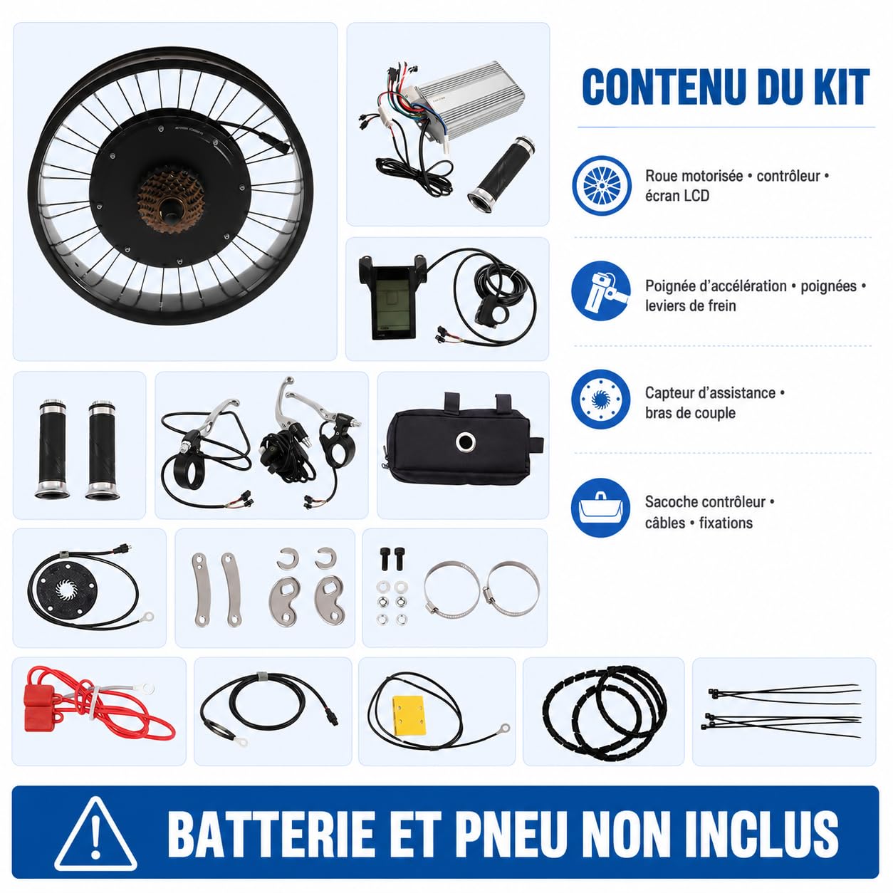 Kit de conversion pour vélo électrique 1500 W, kit de vélo électrique 20 pouces avec contrôleur, écran LCD et poignée, kit de conversion pour roue arrière de vélo électrique 520 tr/min