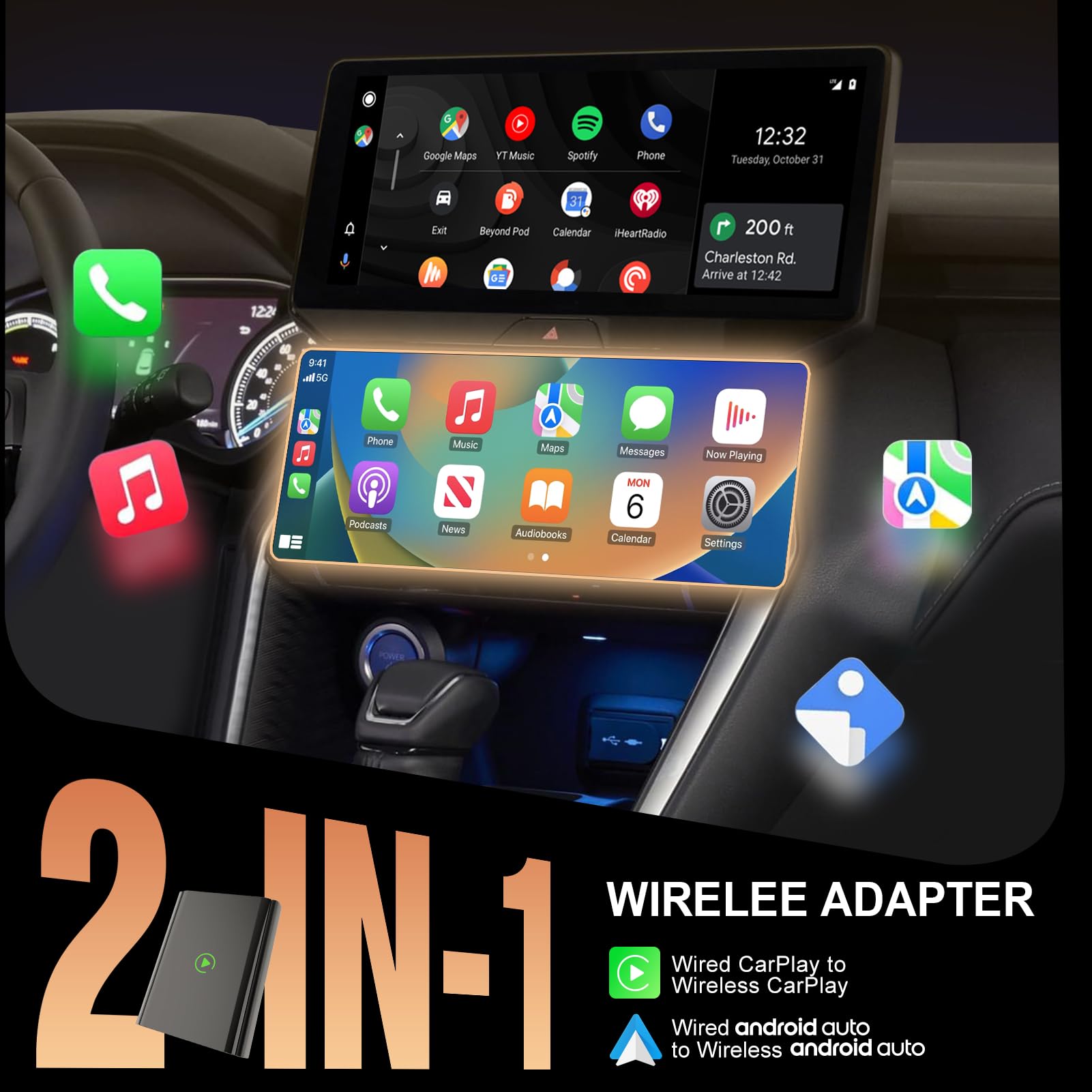 AACPLAY Wireless CarPlay Adapter, 2-in-1 CarPlay & Android Auto Adapter, Easy Upgrade from Wired to Wireless, Plug & Play, Compact Design for Seamless Connectivity, Low Latency & High Compatibility