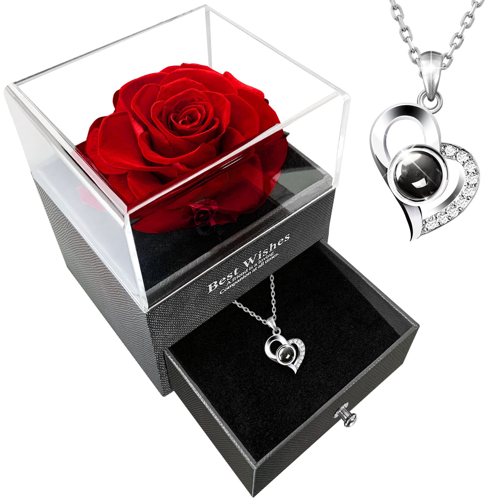 Eternal Real Rose with Necklace Gift Box Preserved Real Flower Enchanted Red Rose Handmade Forever Rose for Valentine's Day Mother's Day Wedding Anniversary Birthday for Her
