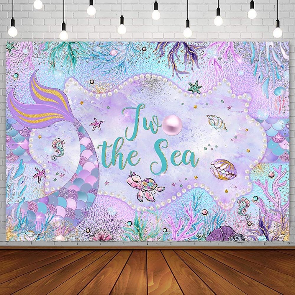 AIBIIN 6x4ft Mermaid 2nd Birthday Backdrop for Princess Girl Two The Sea Under The Sea Birthday Party Photography Background Purple Scales Pearl