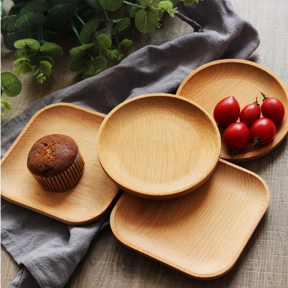 CAN_Deal 4X Plato De Madera Cuadrado Comida para El Desayuno Merienda Bandejas para Servir Bandeja De Ensalada Bandeja