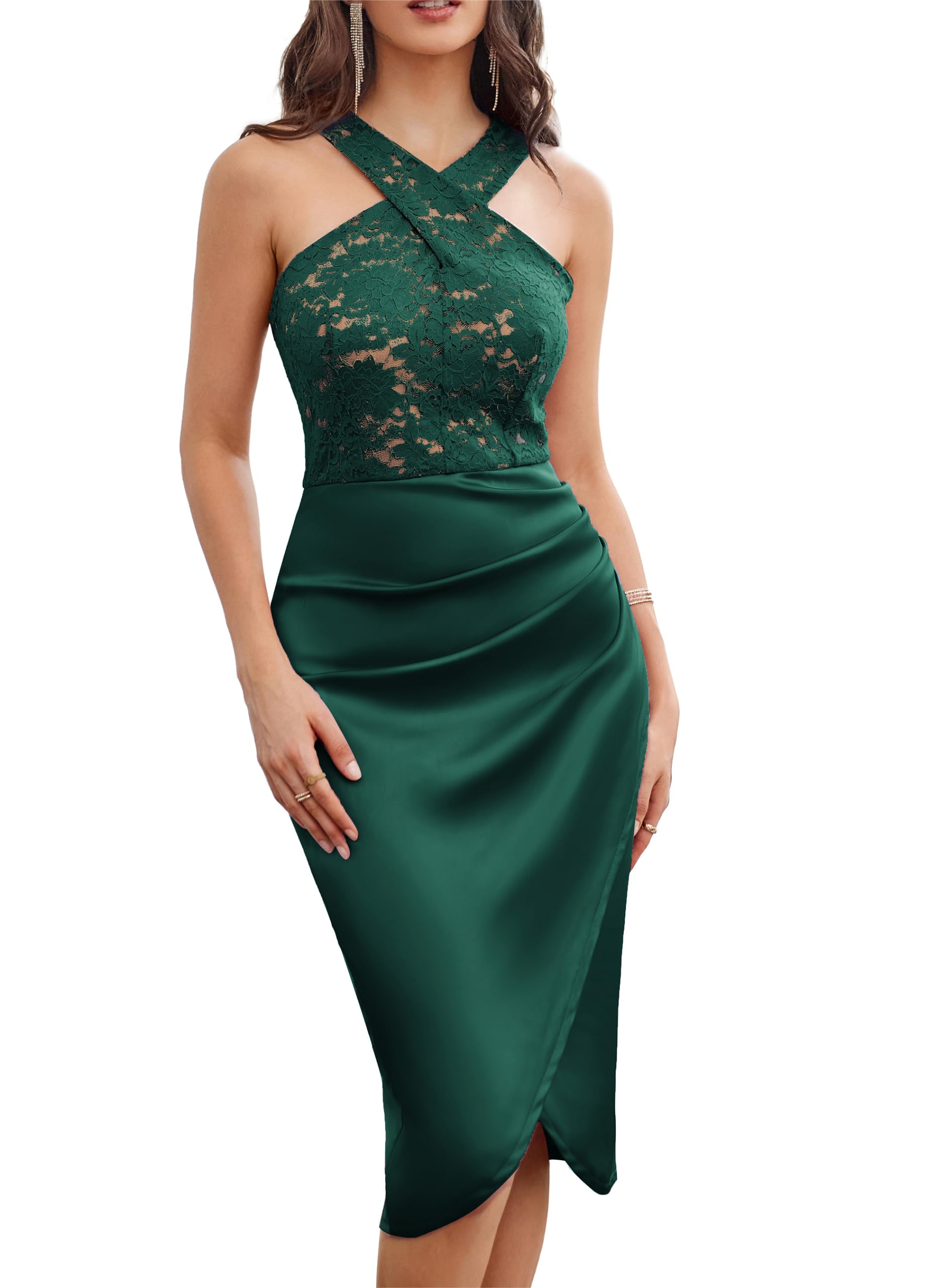 GRACE KARIN Vestido de fiesta de encaje para mujer, cuello halter fruncido con dobladillo cruzado