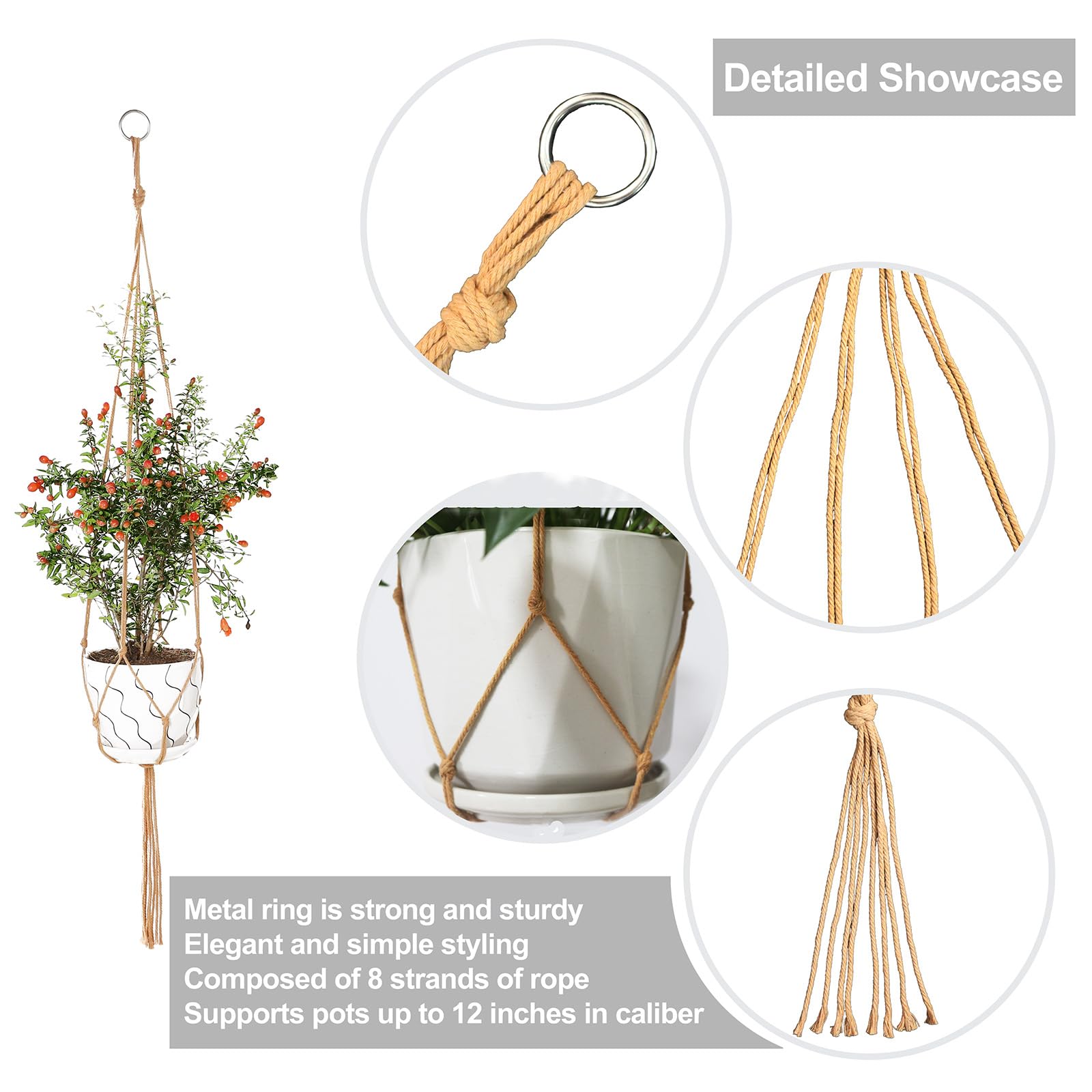 Lot de 3 suspensions de plantes d'intérieur en macramé avec rallonges de cordes et 6 crochets, suspension en macramé pour plantes d'intérieur (pots non inclus) (marron)