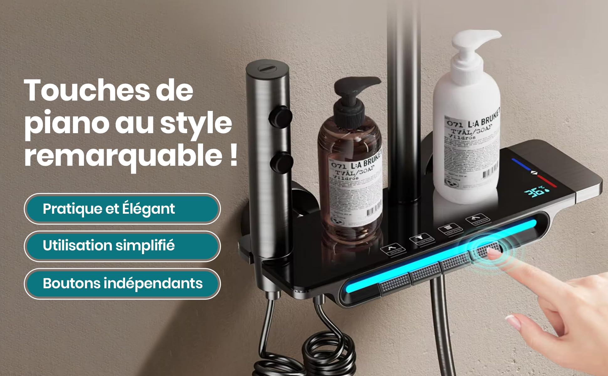 Colonne de Douche Thermostatique Noir 4 en 1 avec Mitigeur Mural | Design Piano, LED Température, Pommeau Pluie & Douchette, Robinet Inclus | Installation Facile pour Salle de Bain Moderne
