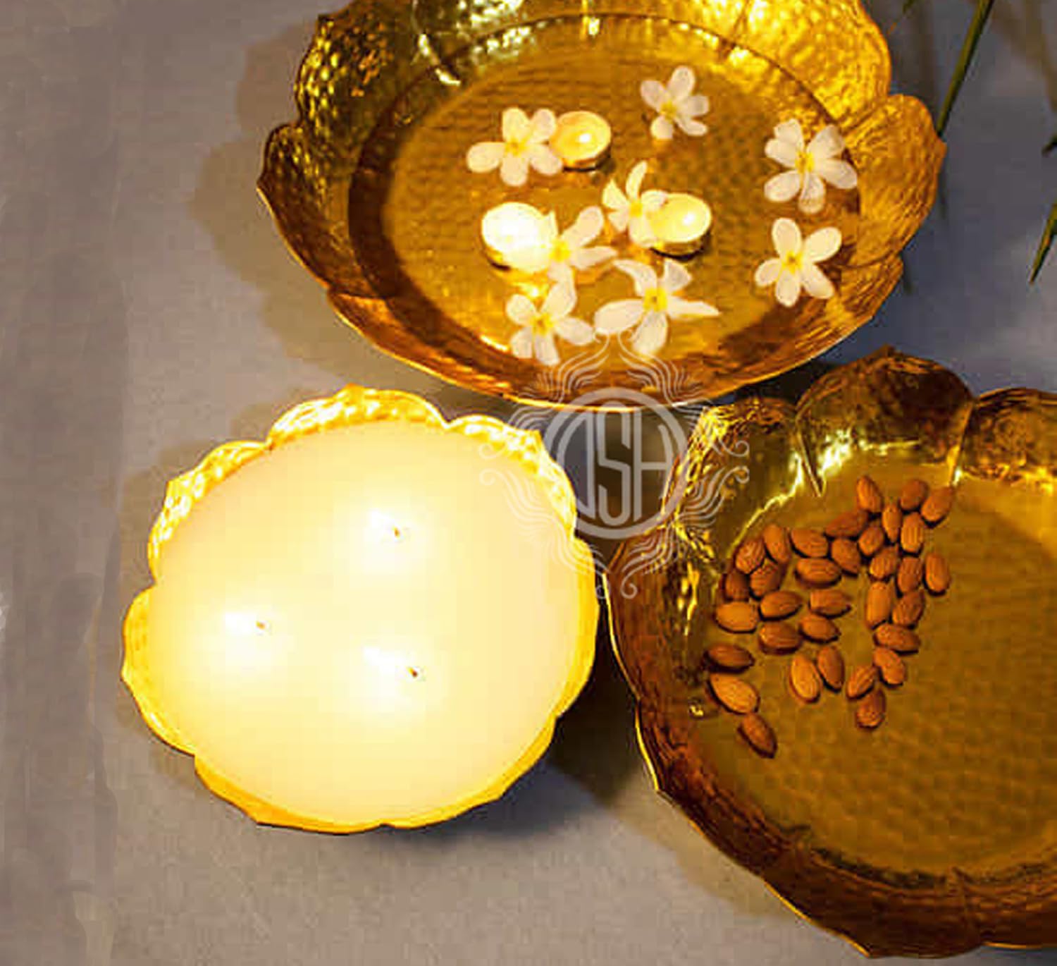 DSH Urli Bowl Round Flower Border Designer Bowl for Flowers and Tea Light Candles Home,Office and Table Decor Best Gift for Diwali Decor, ( Set of 3), Gold