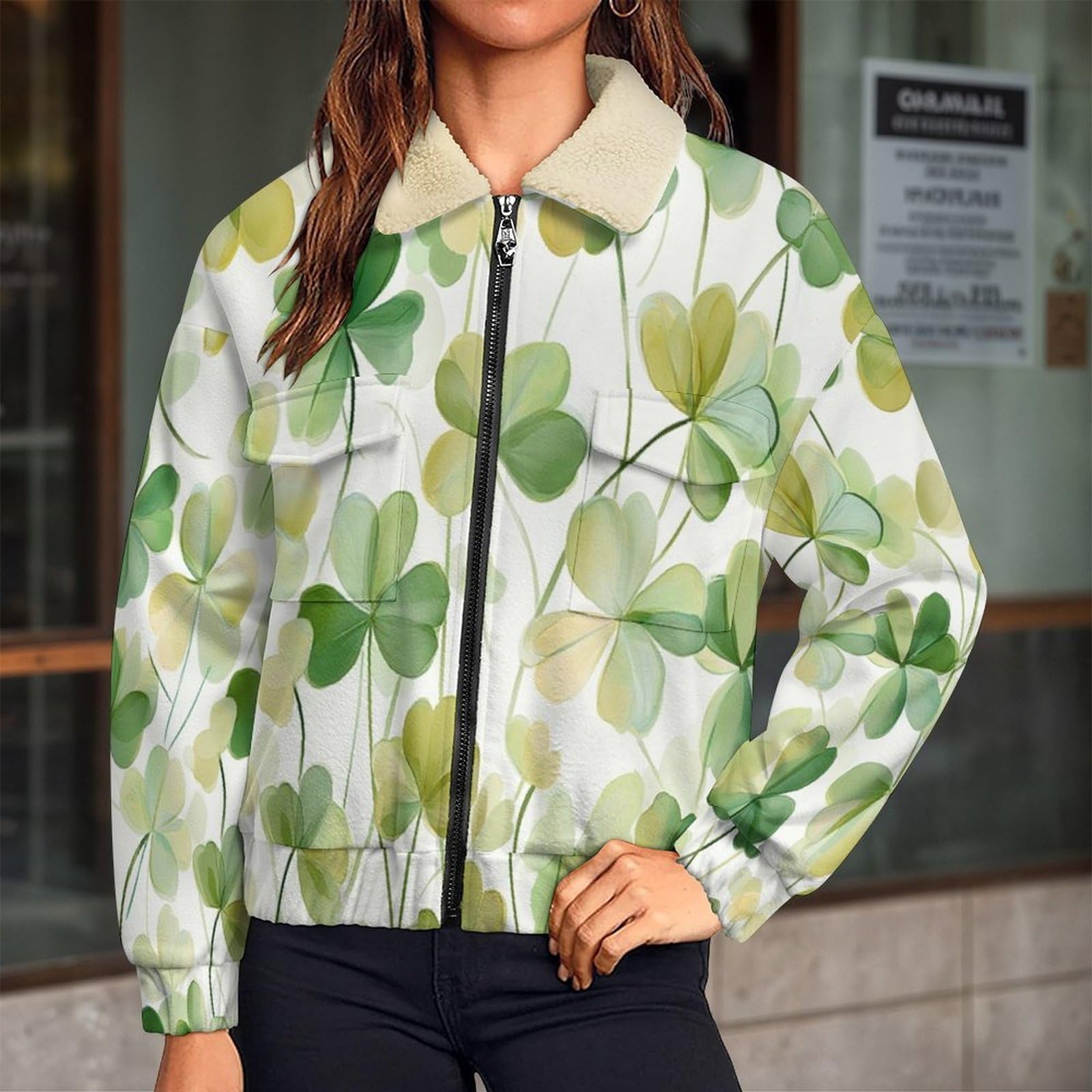 Giacca da Donna Pile con Zip, Giacche Giacca Trifoglio Teddy Versione, Loose del pianta Cappotto a Maniche Lunghe Autunno e Inverno Caldo Cappotto
