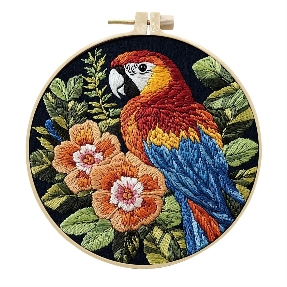 Meecaa Parrot Animal Flower Leaves Embroidery Kit Starter Set, Hand Embroidery Set,Pattern Printed Cross Stitch Set for Beginner Adults, with Embroidery Hoop and Instructions (Parrot 1)