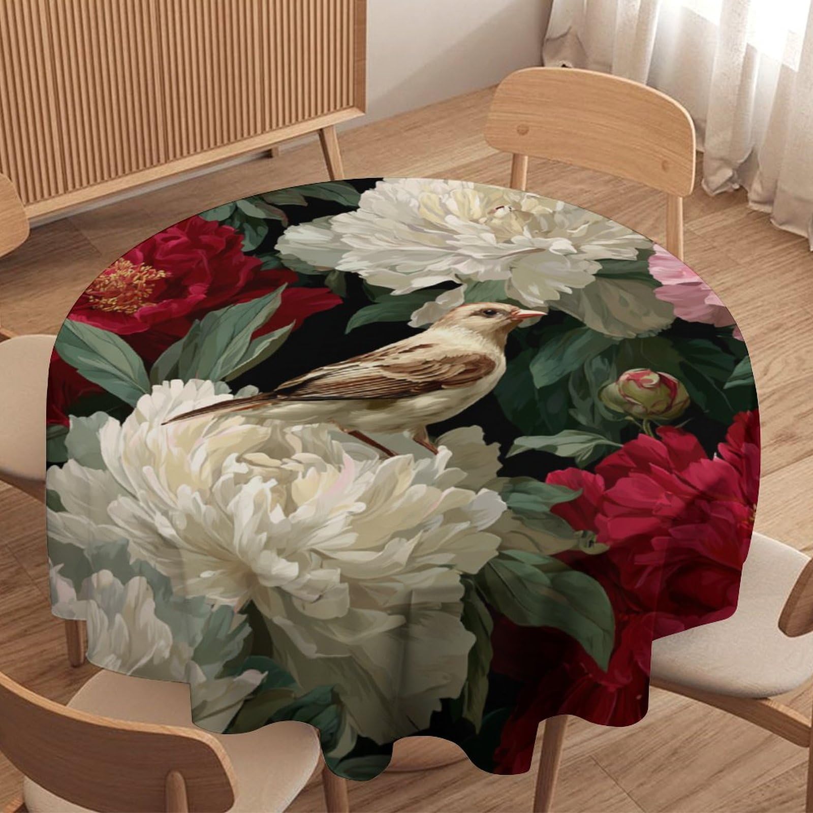 LUYYSKY Classic Retro Animal Birds Waterproof Round Tablecloth Modern Vintage Botanical Plant Floral Animal Bird Pattern Washable Table Cover for Kitchen-91.4" Wx91.4 L cm
