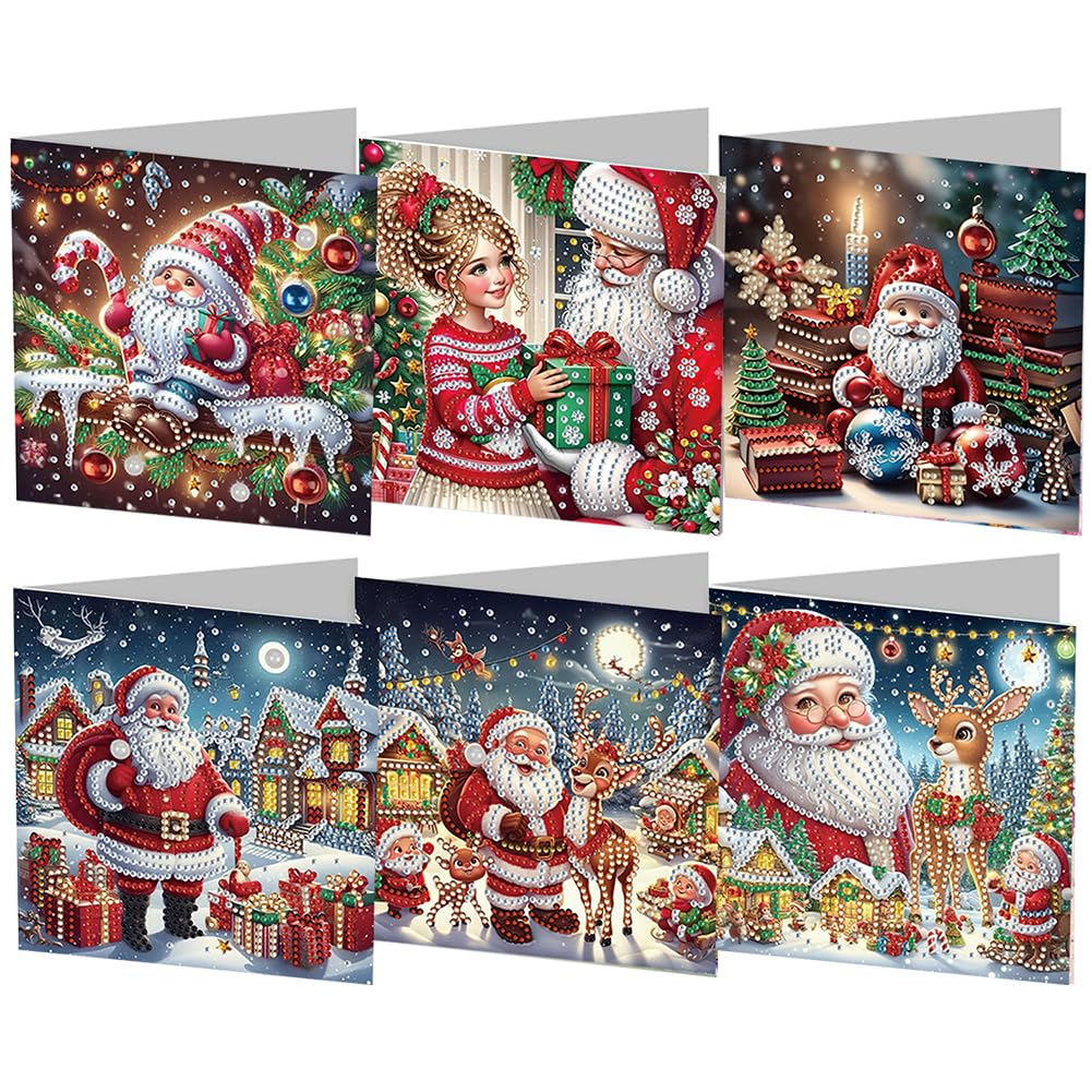 5D DIY Diamond Painting Christmas Greeting Cards, Round Drill Crystal Craft Paint, Snowman Santa Claus Greeting Cards, Christmas Elements Diamond Art Cards for Family Friends Handmade Gift (D1)