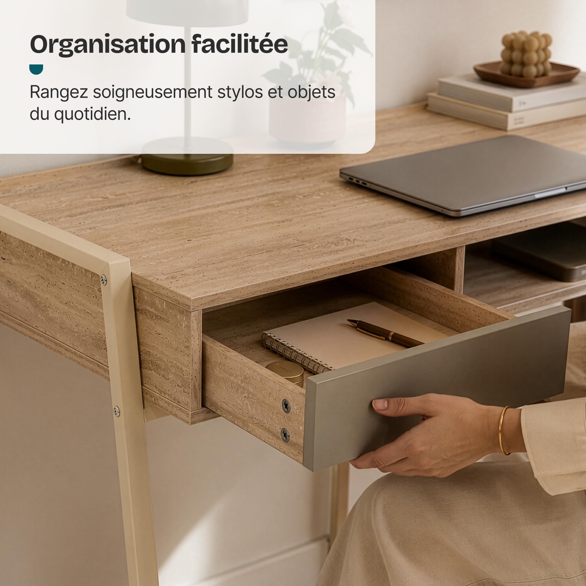 [en.casa] Bureau Boderas 107 x 55 x 78 cm Beige Effet Travertin | compartiment ouvert, tiroir, rebords surélevés, structure robuste, pieds réglables, compact, télétravail, home office