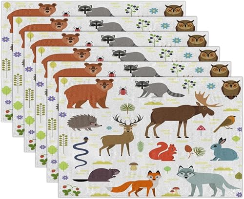 Miniatura 2 de Squirrel Rabbit Hedgehog Deer Placemats Set of 6 Fabric Placemats Square Placemat for Kitchen Table Heat Resistant, Easy to Clean Table Placemats