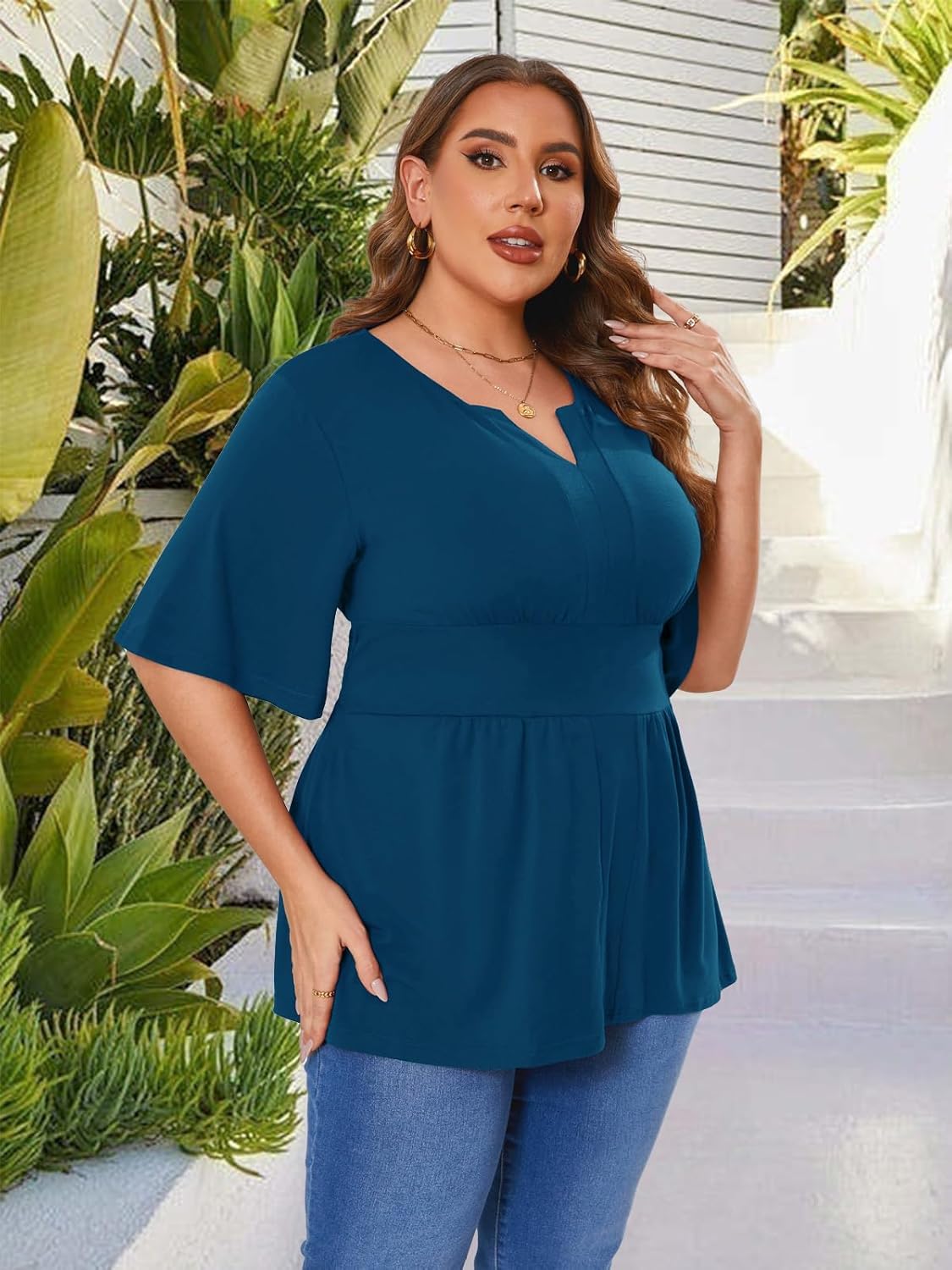 Beauhuty Women's Plus Size Shirts V Neck Loose Tops Ruffle Short Sleeve Blouse Casual Work Trendy Dressy Slit Hem Tunic - Image 5