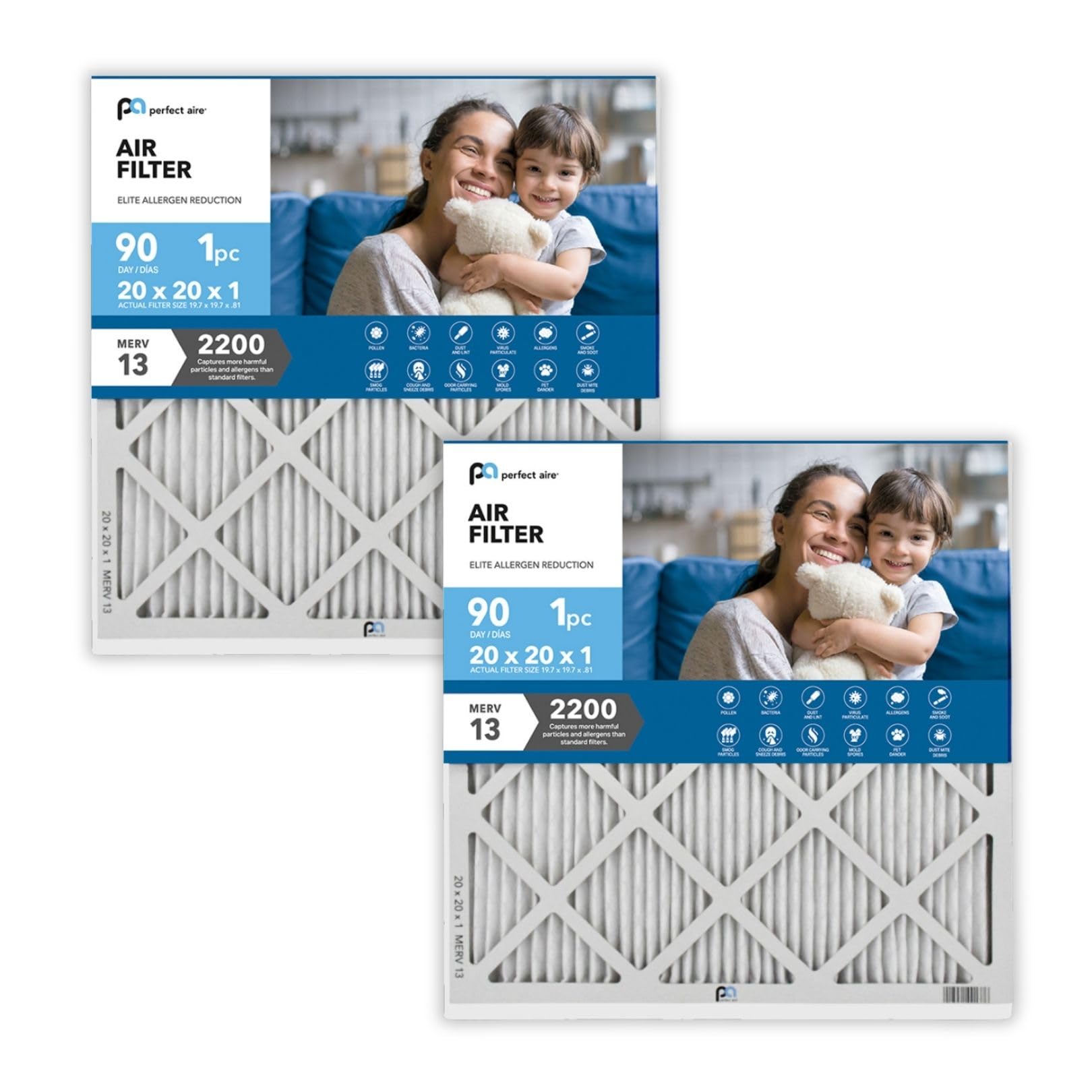 Perfect Aire Elite Air Filter Merv 13 - Electrostatically Charged Pleated Dual Airflow Hvac Filter - Lasts 90 Days (2 Pack, 20X20x1)