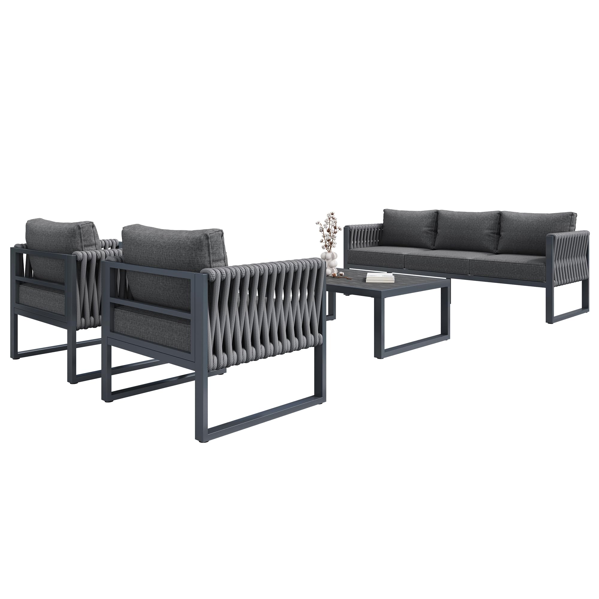 Set di mobili da giardino da esterno a 5 posti, con piedini regolabili, imbottiture e struttura in metallo antiruggine, per balcone, terrazza, grigio