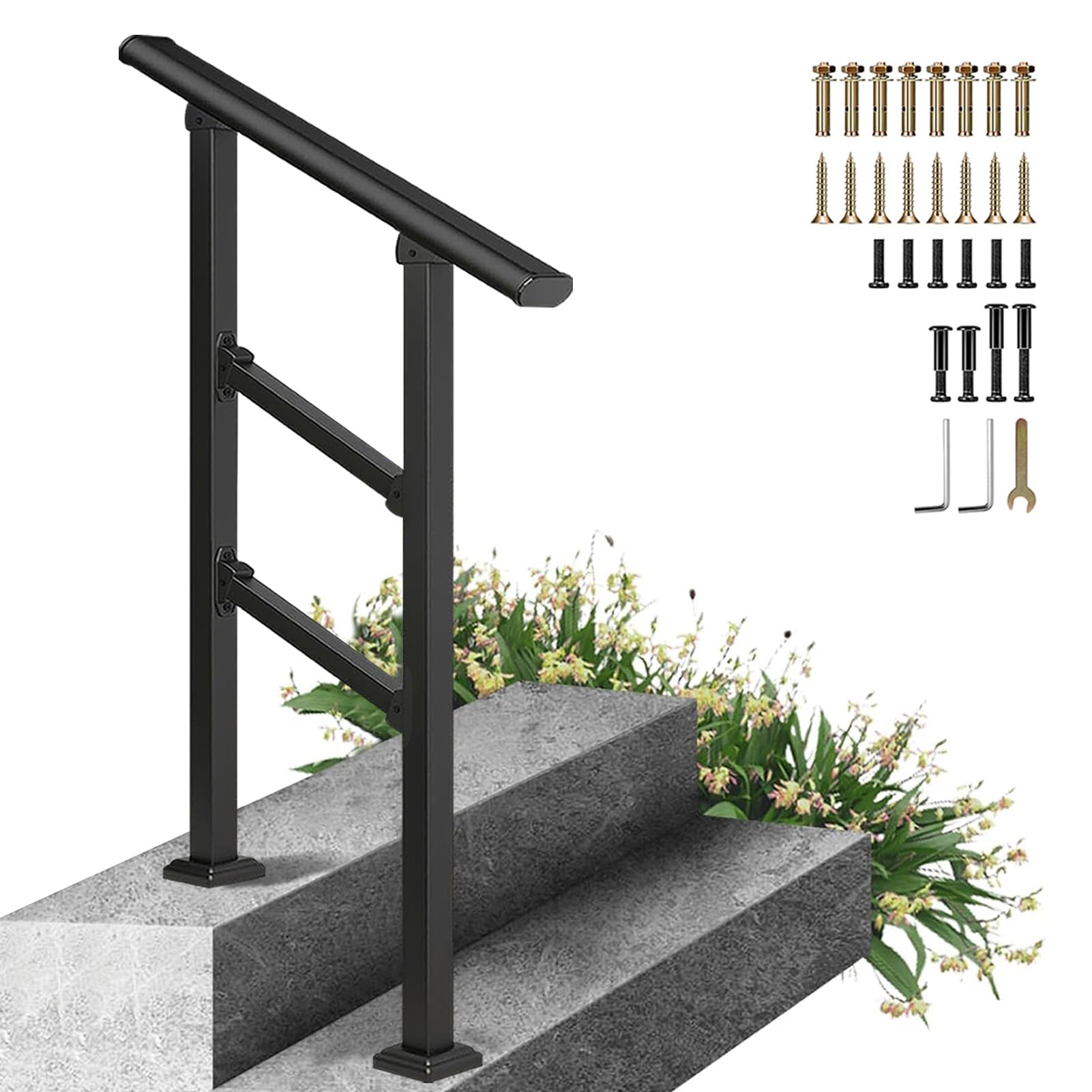 Jksyff A Outdoor Handrail For Stairs Fit 2 Steps, Galvanized Steel Hand Support Railing, Floor Mounted Transitional Guardrail Djustable House Entrance Safety Grab Bar(,120Cm/47Inch)