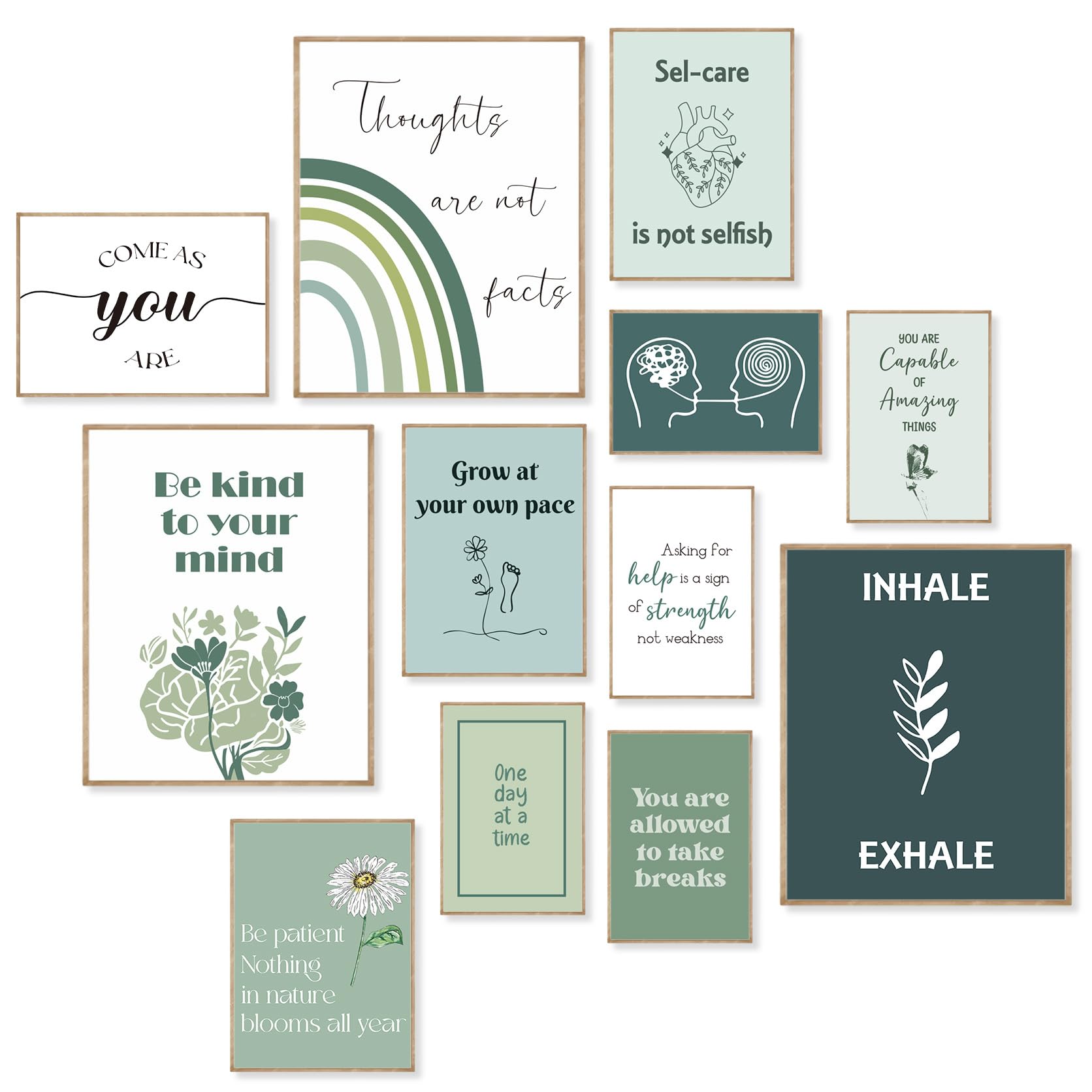 KINYEYE12PCS Sagegreen Mental Health Eclectic Posters, Boho Motivational Posters for Therapy Office Decor, Classroom Decor, Mental Health Decor | Unframed