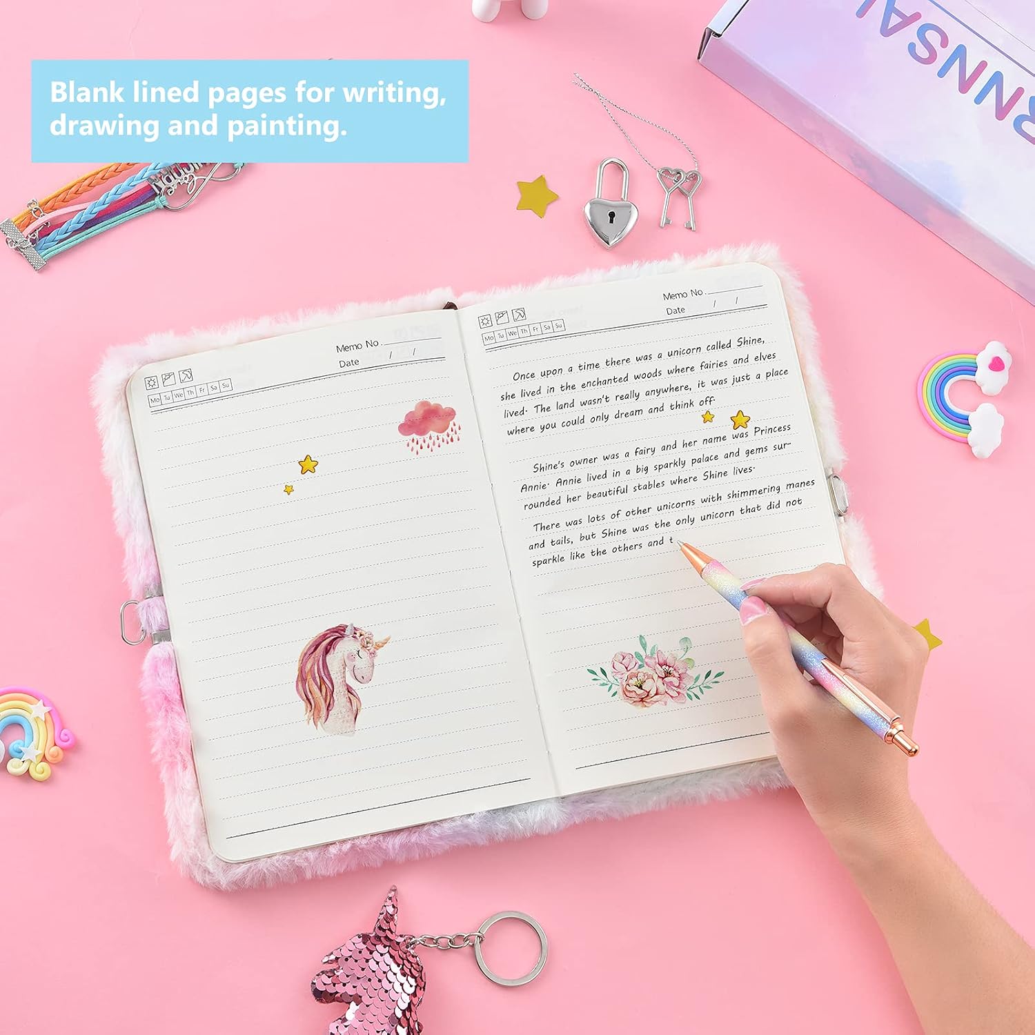 Plush Unicorn Notebook Set - Magic Journal for Girls Private Diary Embroidery School Travel Notepad Gel Pen Key Rings Bracelets Locks Keys Birthday Christmas Gift