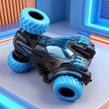 Friction Powered Flip Stunt Car, Push and Go Toy Car with 360 Upright Spin, Dual-Sided Rotating Off-Road Vehicle, No Batteries Required, Toy Car for Boys & Girls Ages 3 (Blue)