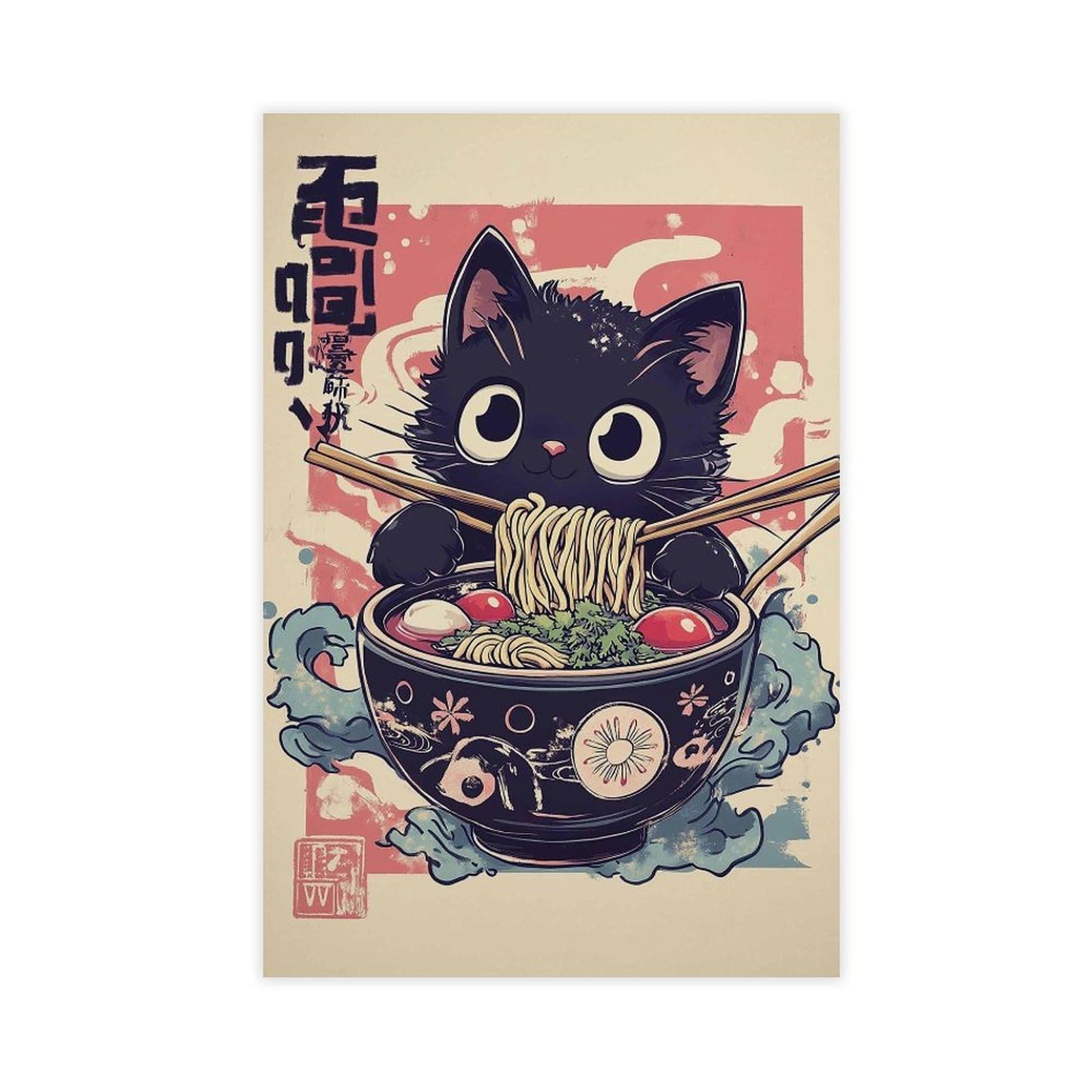 Qnvjqkdsi Unframe Black Cat Ramen Poster, Japanese Food Poster Canvas Poster Bedroom Decor Landscape Office Room Decor Gift 24" L X 36" W
