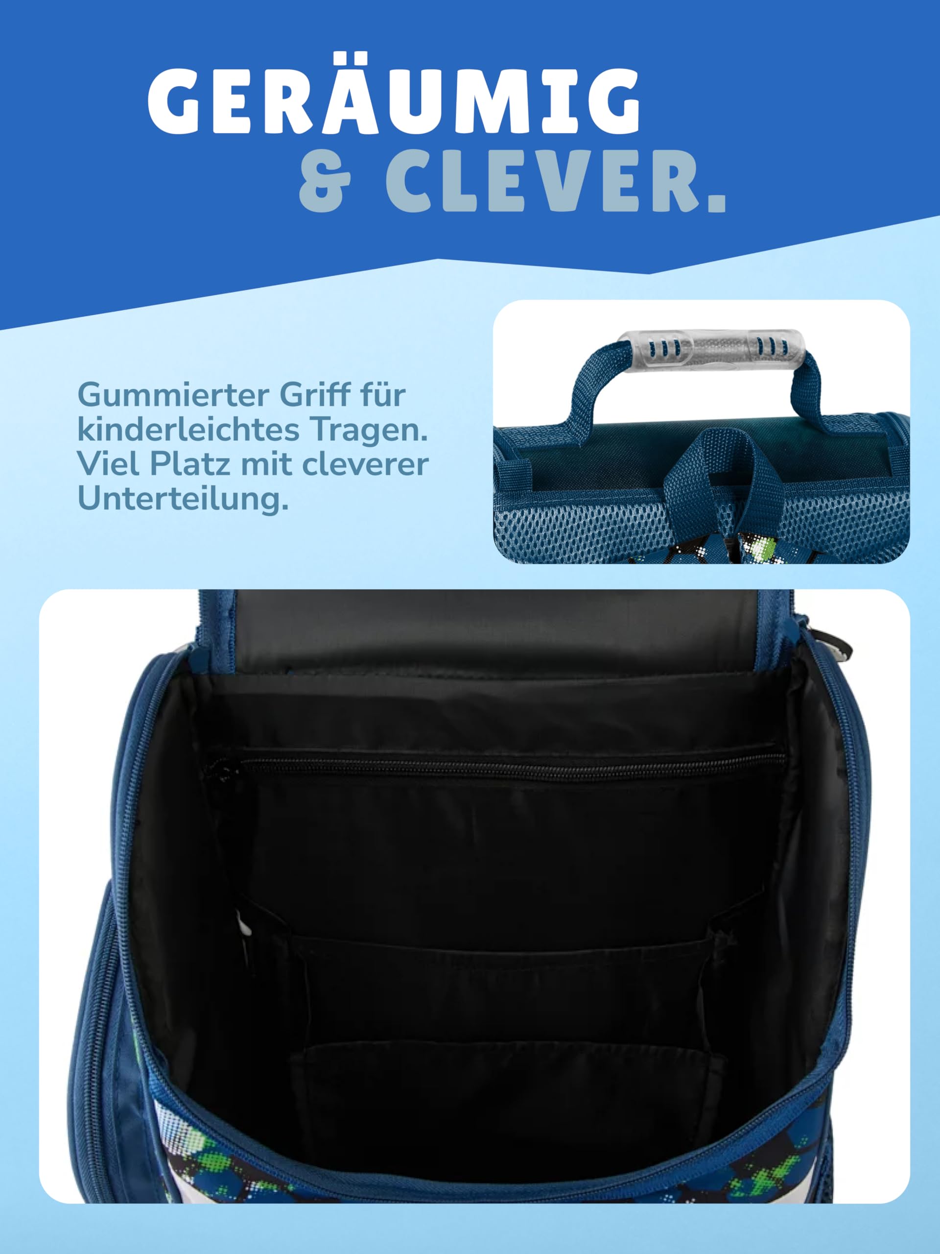 Familando - Schulranzen Set - 10-teilig mit Schultüte - Fussball - Ergonomisch, stabil & mit gepolstertem Rücken - 1000g leicht - 15L Volumen - Mit Reflektoren - Für Grundschule ab 1. Klasse