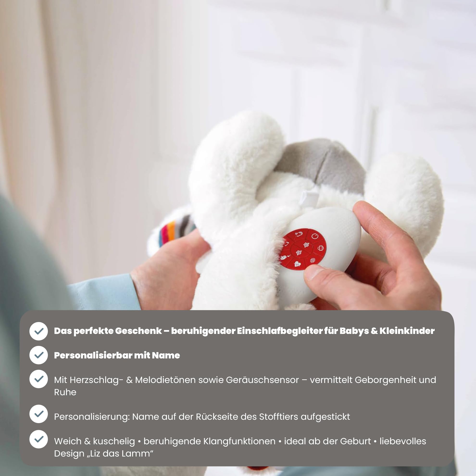 Personalizable Peluche con latido del corazón “Liz la Ovejita” – sonidos relajantes de latido y melodías, sensor de ruido – para bebés y niños pequeños – personalizado con nombre – ZAZU