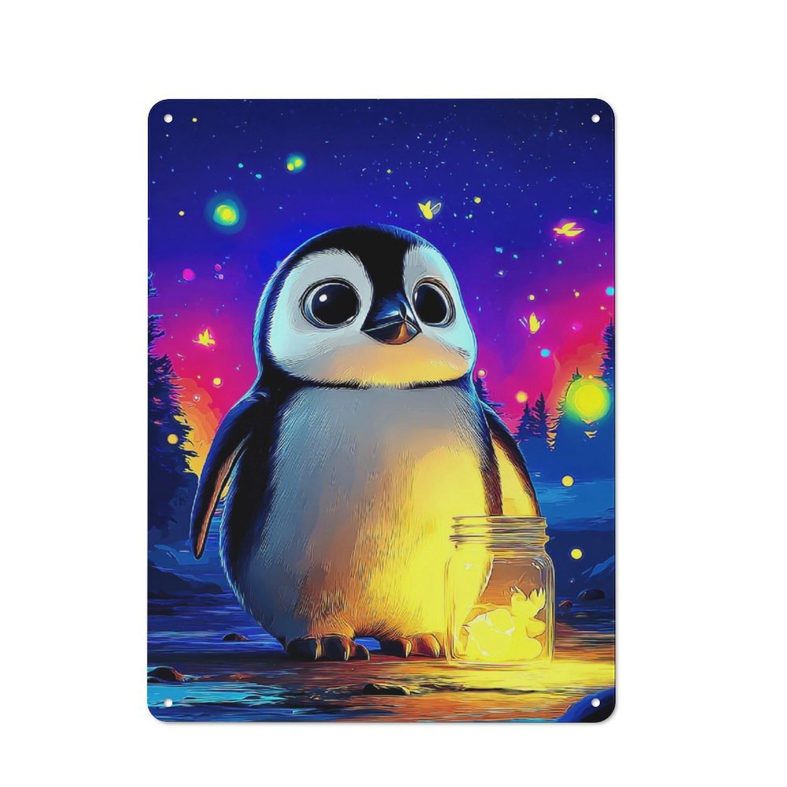 Penguin with Glowing Jar -4 Metal Wall Sign 40x30cm, Clean Industrial Loft Wall Plaque for Workspace, Cafe, Hallway Or Garage