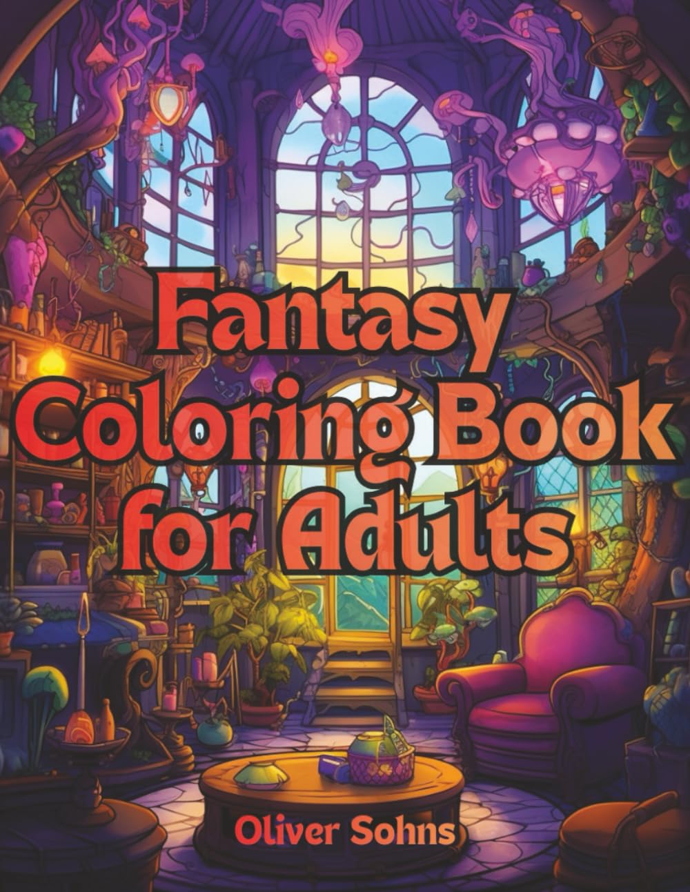 Fantasy Coloring Book for Adults: with Fantasy Interiors Coloring Pages, featuring enchanted grayscale illustrations designed for adults and teens seeking relaxation, creativity, and anxiety relief.