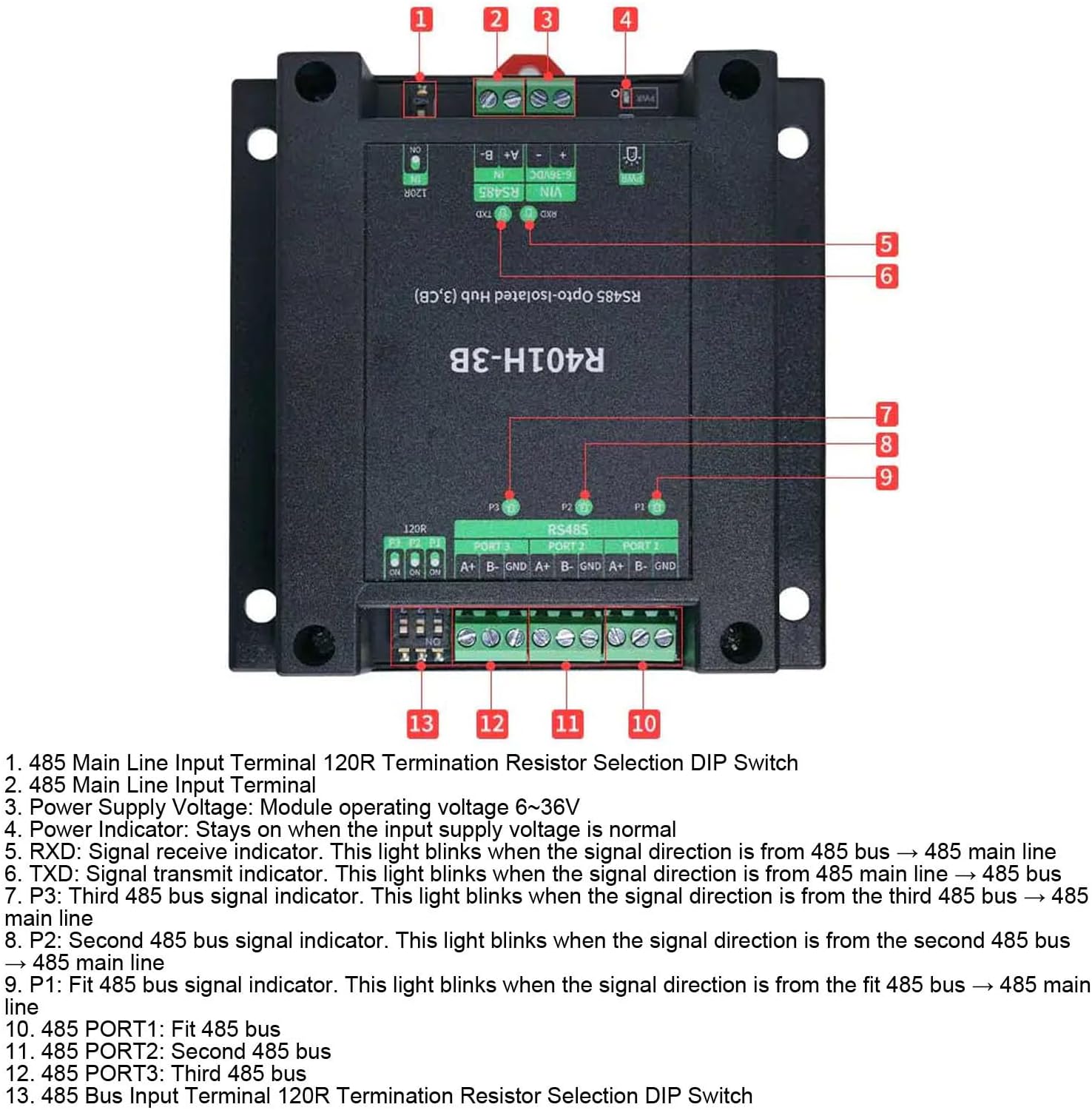 ciciglow RS485 Opto Isolated Hub, Power and Optical Isolation, Supports 32 Nodes, 3 Port RS485 Hub with 3.5mm Terminal, Half Duplex Transparent Transmission, Wide Baud Rate Range