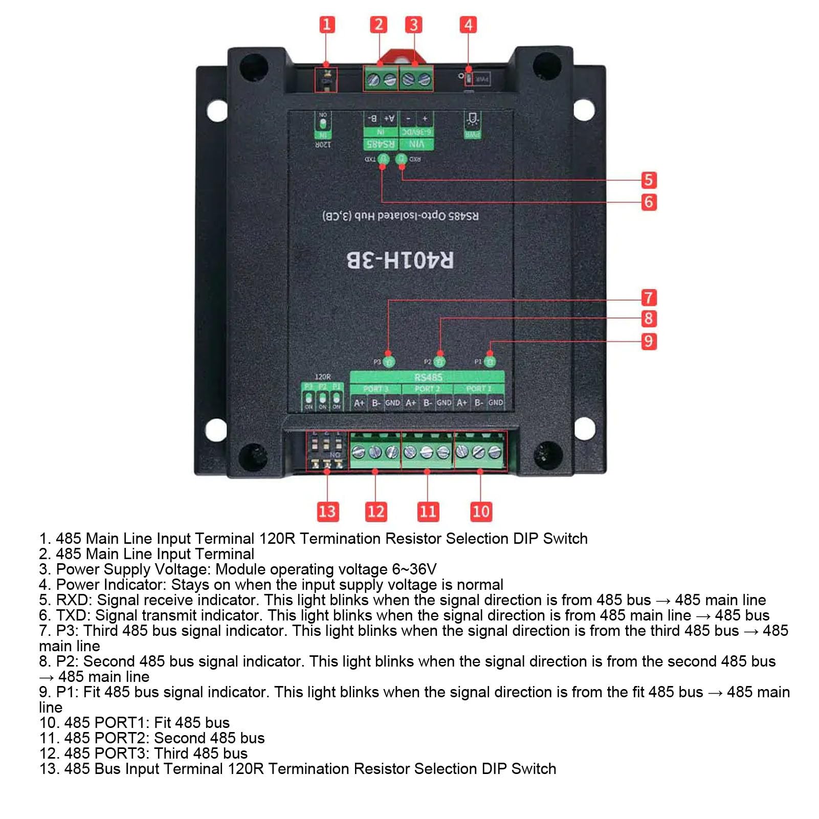 SIXRUN 485 Opto Isolé Hub, Connexion à Bornier 3,5 Mm, 32 Nœuds