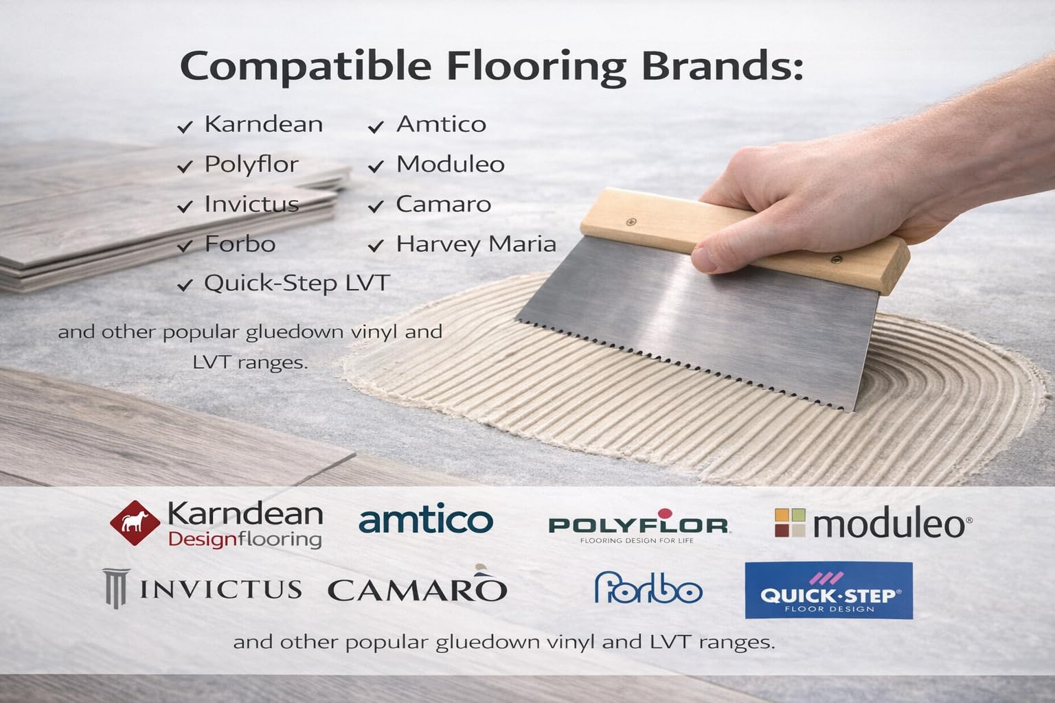 Spatola in acciaio al carbonio A2 V-Notch per adesivi sensibili alla pressione, acrilici ed emulsionanti, ideale per Karndean, Amtico, Moduleo, Polyflor e altro (200 mm (grandi aree aperte