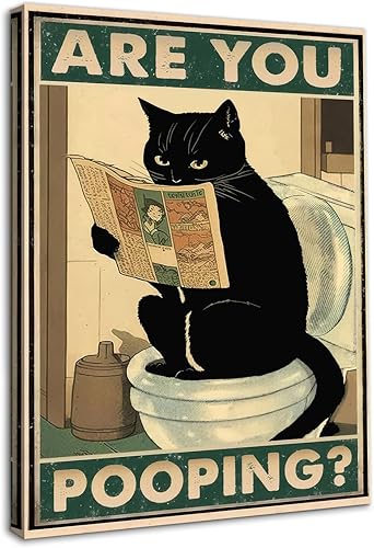 Miniatura 9 de Divertido arte de pared de gato negro con texto en inglés "Are You Pooping", letrero vintage de gato sentado en el inodoro, póster de periódico para