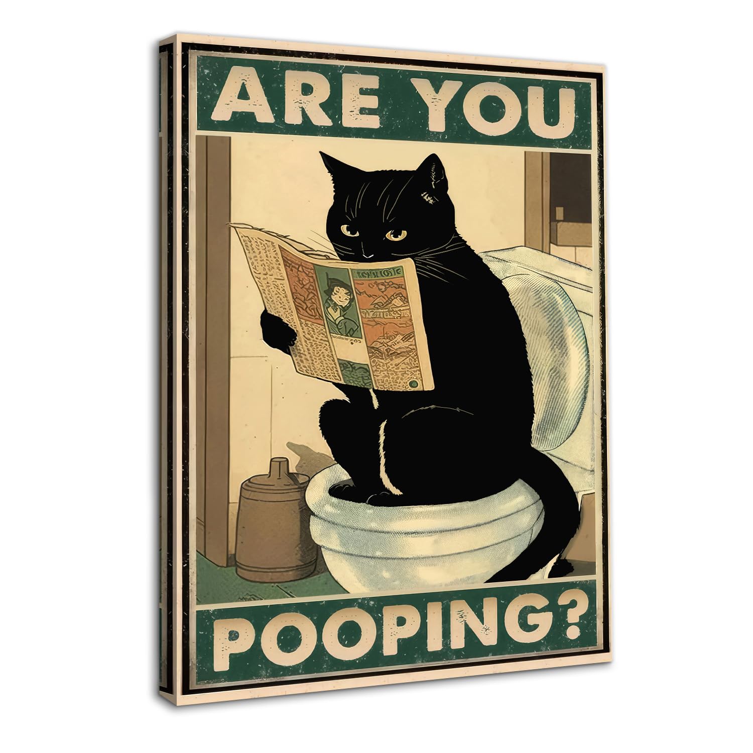 Dazzlewall Framed Funny Cat Bathroom Wall Art Poster - Are You Pooping Sign, Vintage Sitting on Toilet Reading Newspaper - 12x16 in