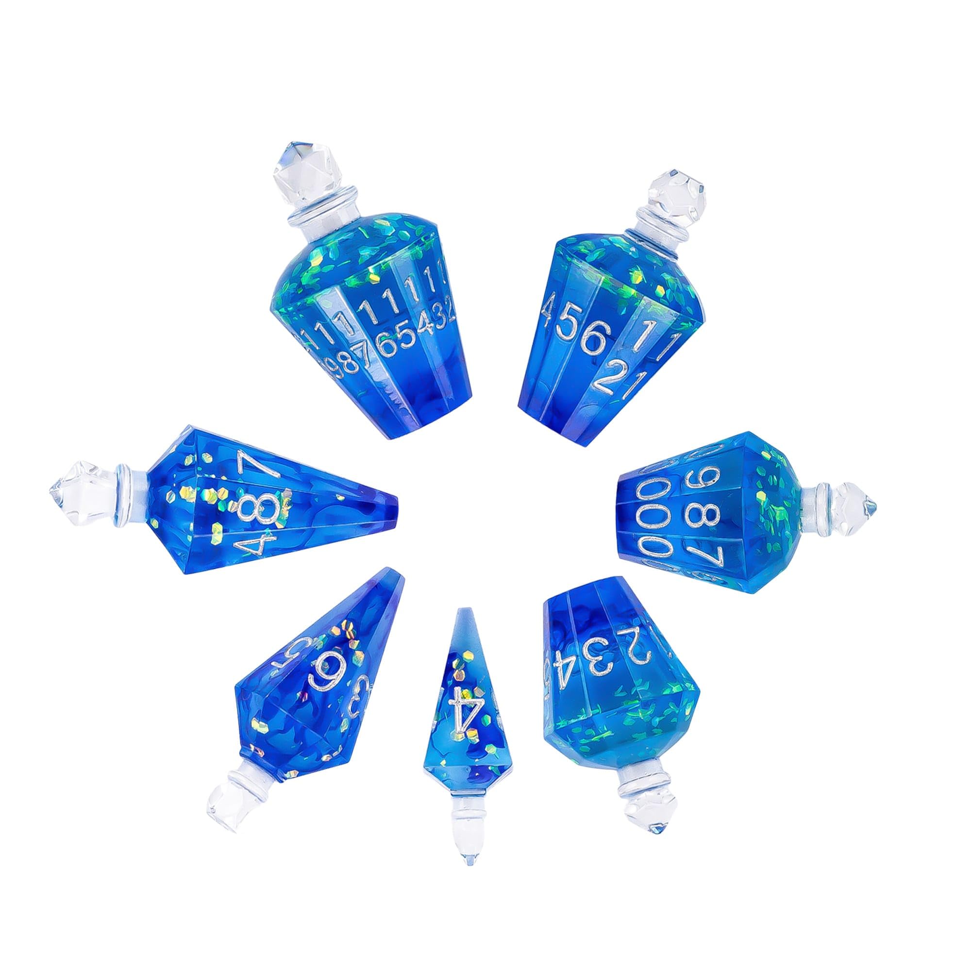 Lot de 7 dés DND Potion DND, dés polyédriques transparents à bords tranchants, pour jeux de rôle Donjons et Dragons (soie bleue avec échelle)