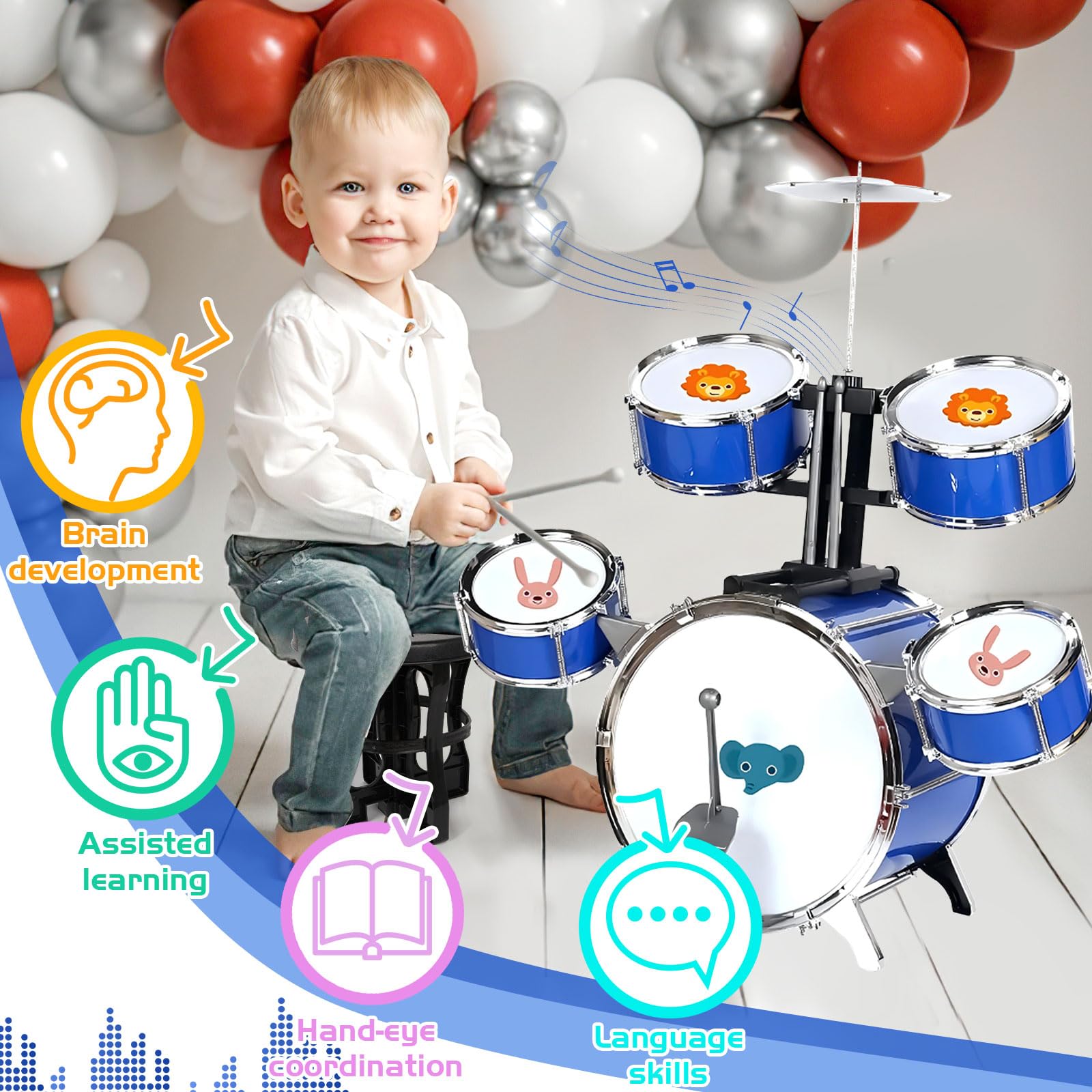 Kinder Schlagzeug Set - 5-teiliges Trommel Set Mit Hocker Für Kinder Ab 3 Jahren