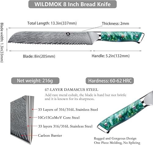 Miniatura 2 de WILDMOK Cuchillo de pan dentado, 8 pulgadas, mango de resina fuerte, rebanador de acero japonés VG10 de 67 capas